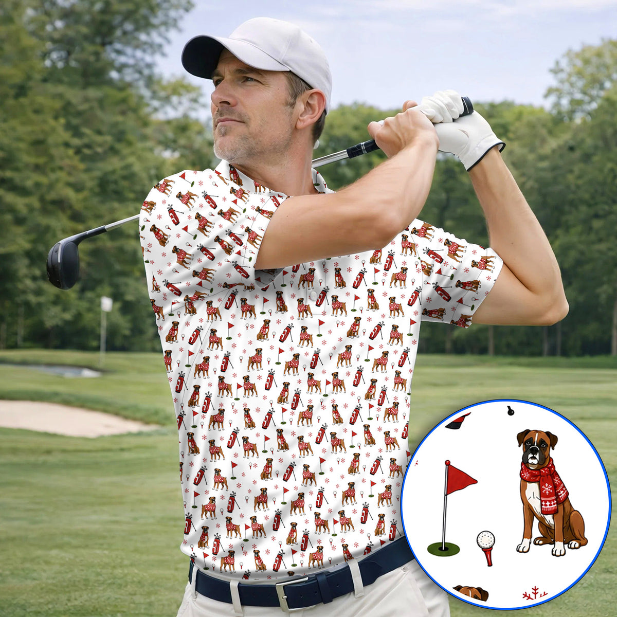Boxer Christmas Golf Polos, Holiday Dog Pattern Golf Shirt, Festive Golf Gift for Golfers