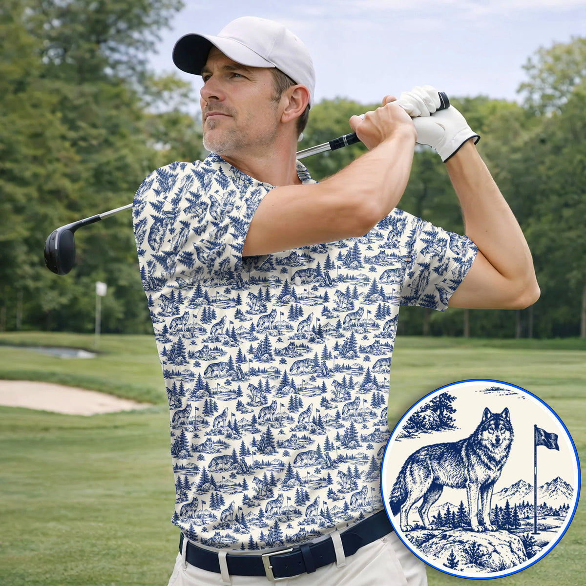 Vintage Wolf Golf Polos, Wilderness Wolf Pattern Golf Shirt, Nature Inspired Golf Gift for Golfers