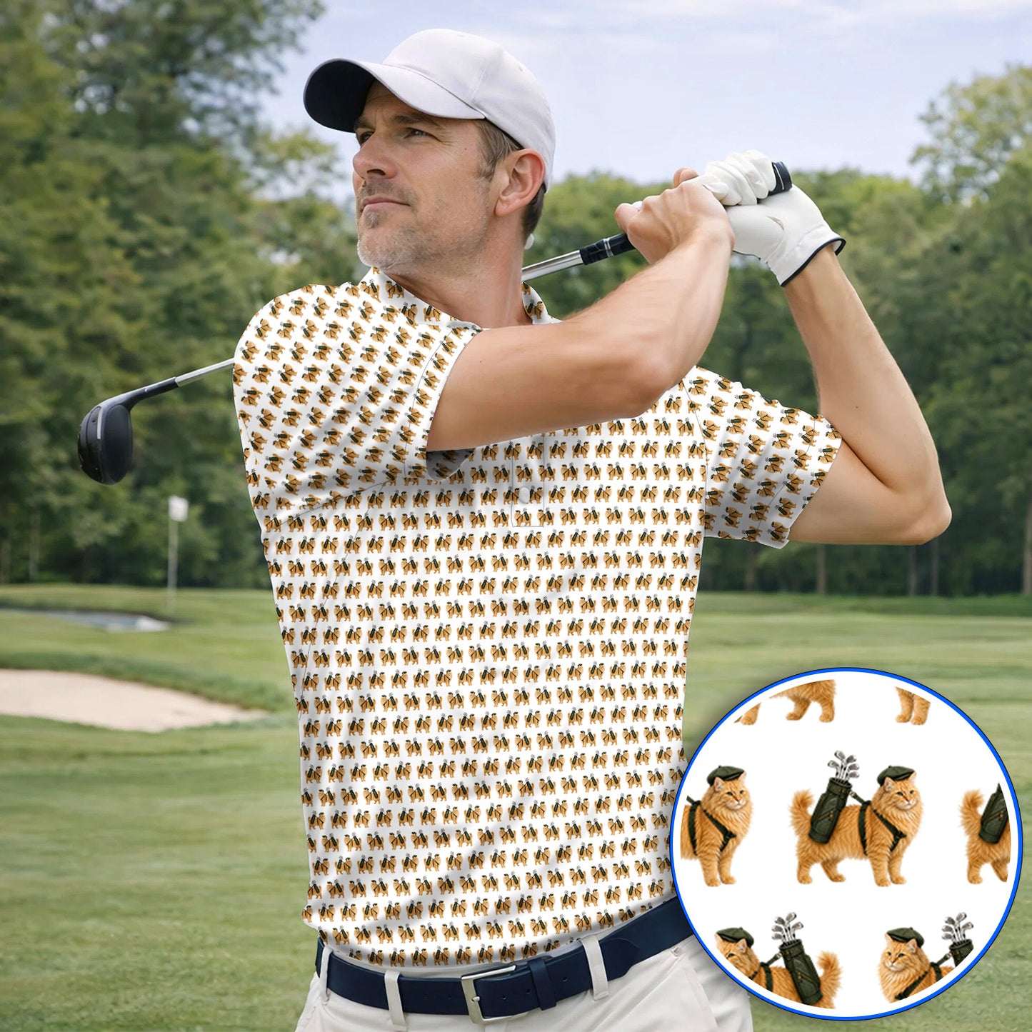 Ginger Long Hair Cat Golf Polos, Cute Orange Cat Pattern Golf Shirt for Cat Lovers, Golf Gift for Long Haired Cat Owners