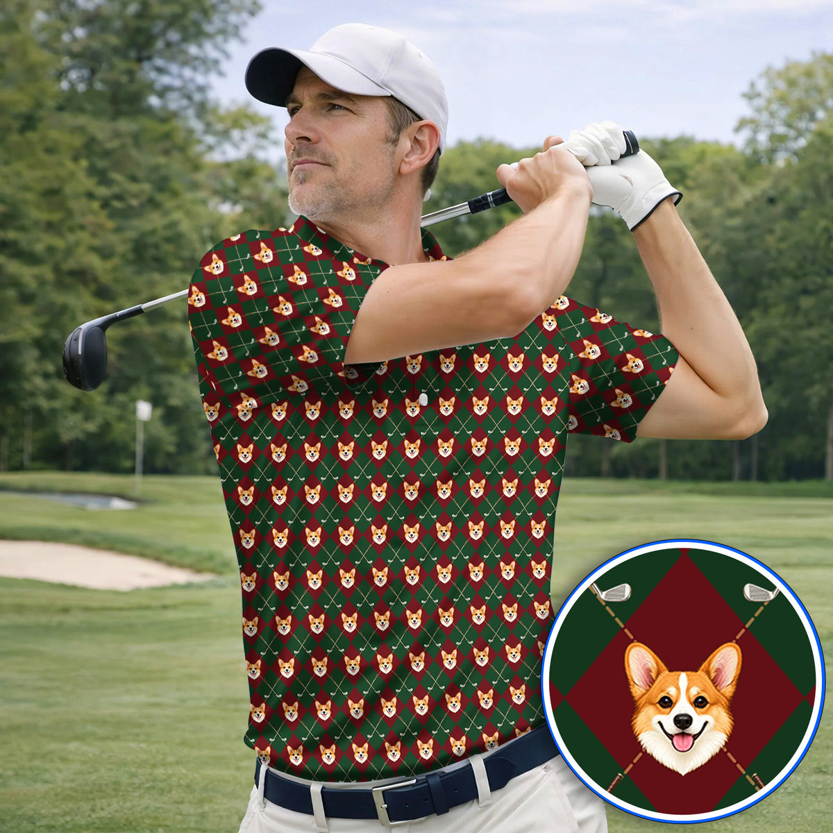 Corgi Christmas Golf Polos, Crazy Corgi Pattern Golf Shirt, Xmas Golf Gift For Golfers
