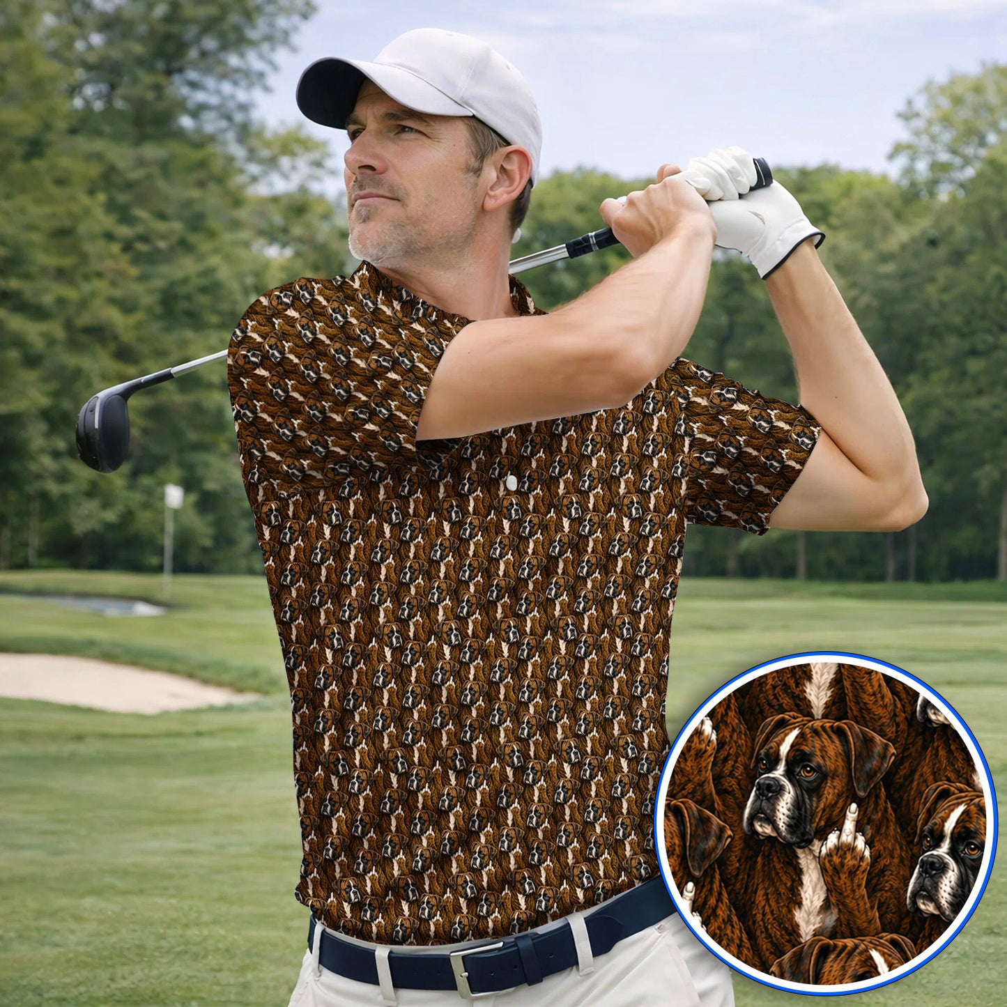 Boxer Middle Finger Golf Polos, Funny Boxer Pattern Golf Shirt for Golfer, Golf Gift for Dog Lovers