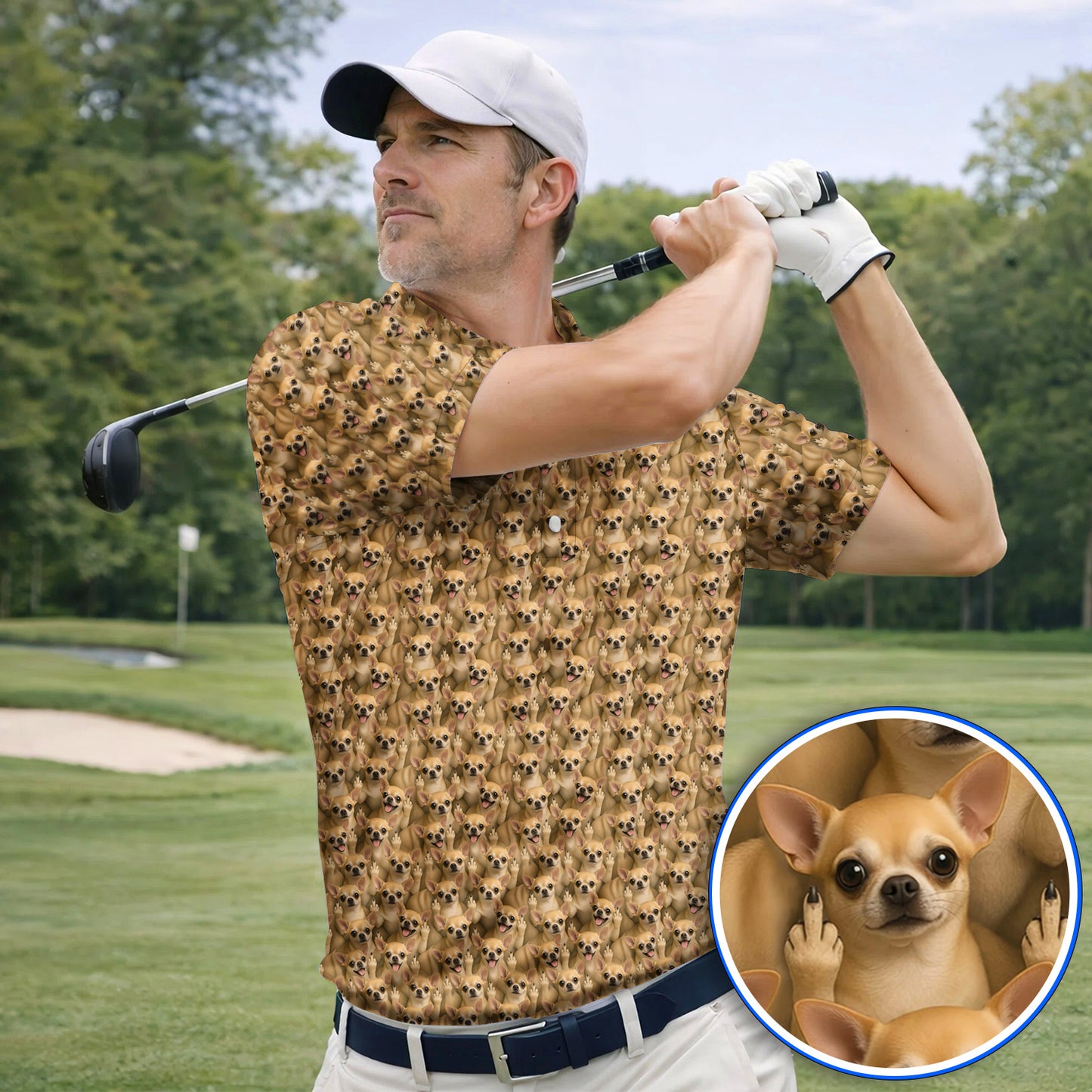 Chihuahua Middle Finger Golf Polos, Funny Chihuahua Pattern Golf Shirt for Dog Lovers, Golf Gift For Golfer