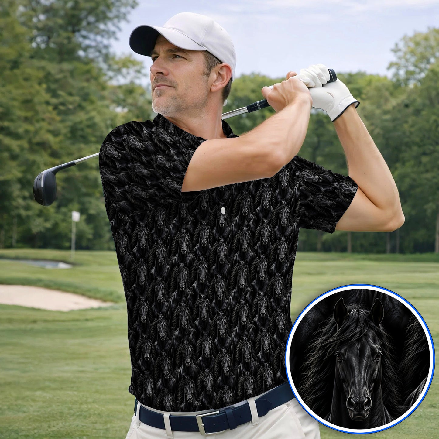 Black Horse Golf Pattern Shirt, American Quarter Horse Golf Polos, Western Horse Gift for Golfers