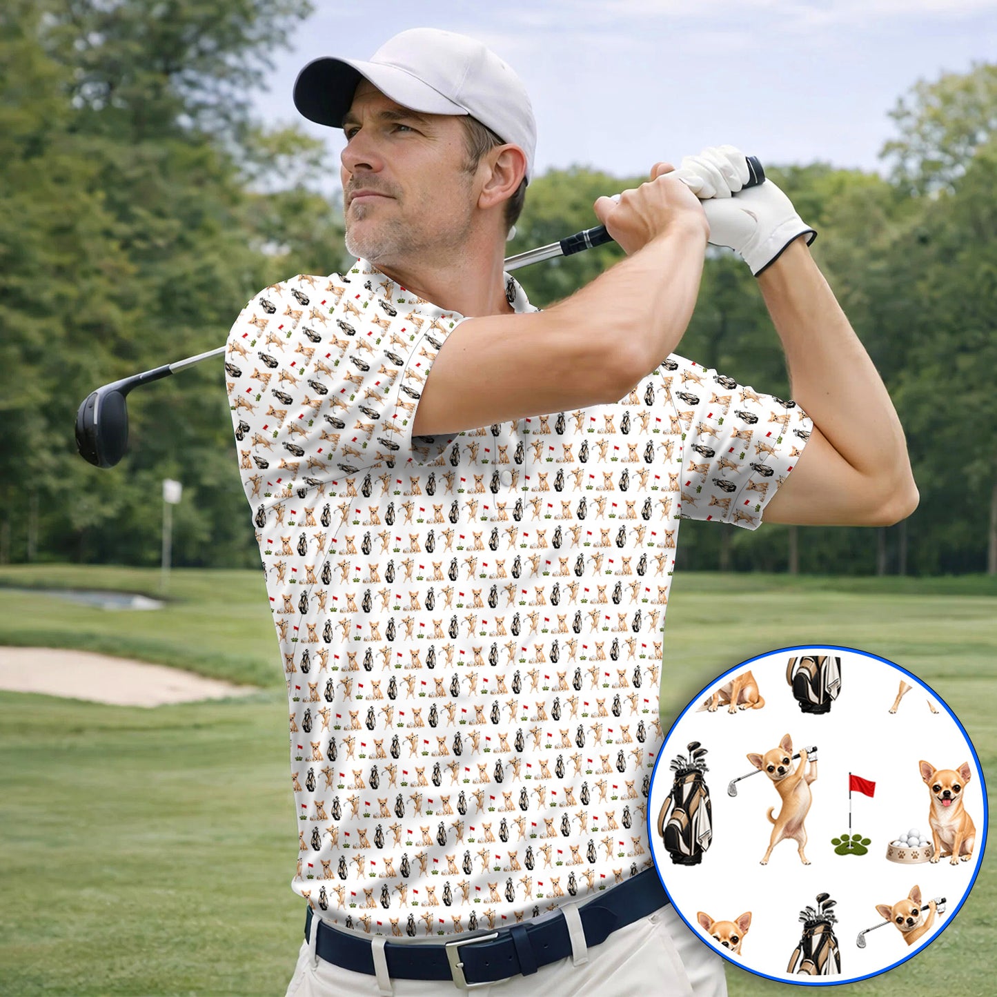 Chihuahua Golf Shirt, Cute Chihuahua Golf Pattern Polos for Dog Lovers, Funny Golf Gift For Golfer
