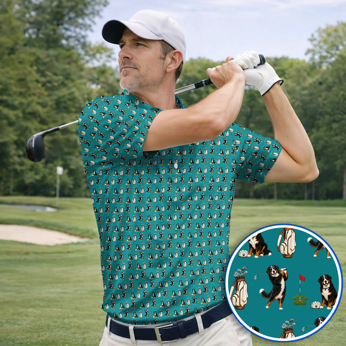 Bernese Mountain Dog Golf Pattern Polos, Bernese Golf Shirt, Dog Lover Golf Gift