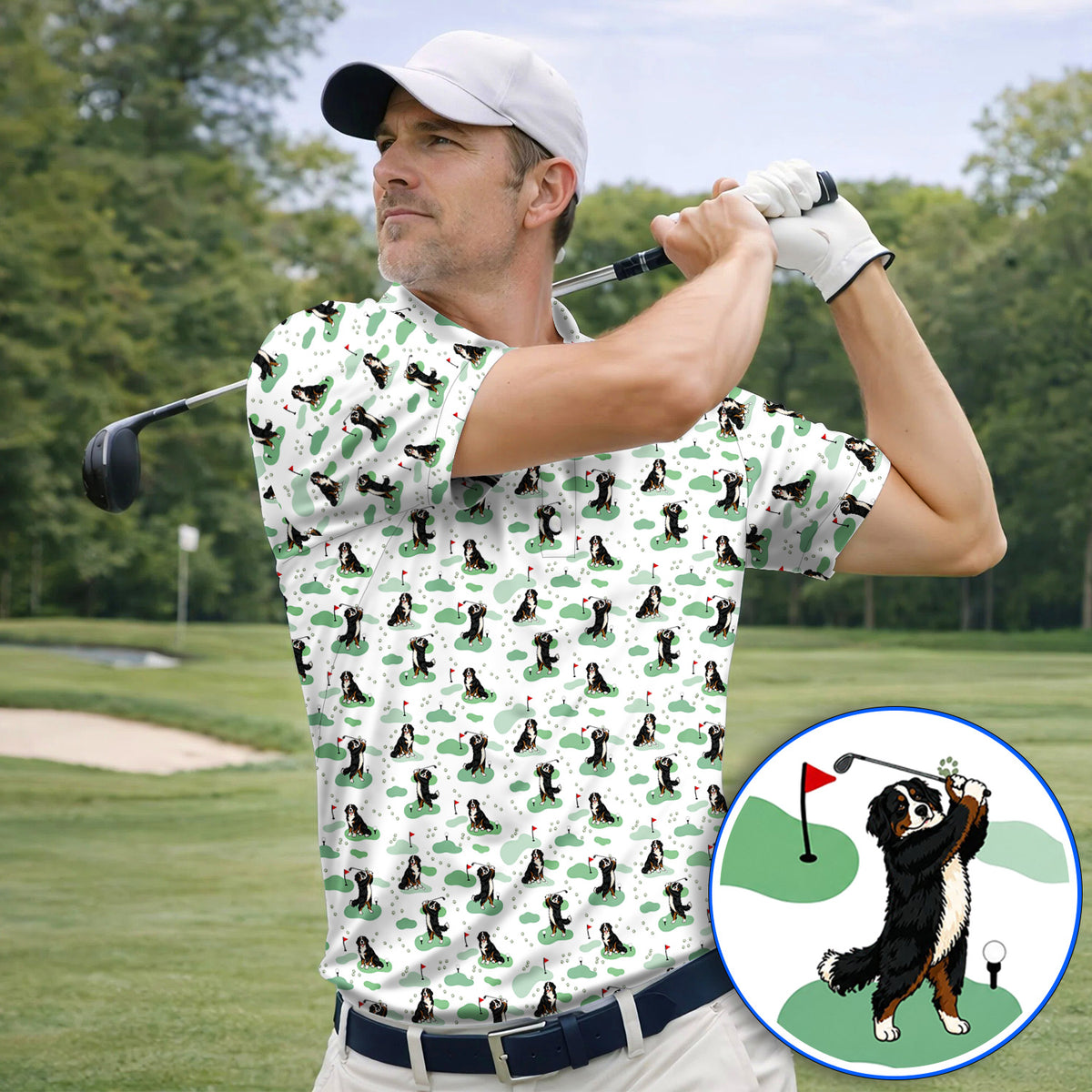 Bernese Mountain Pattern Golf Polos, Bernese Mountain Golf Shirt Fot Golfer, Funny Dog Golf Gift