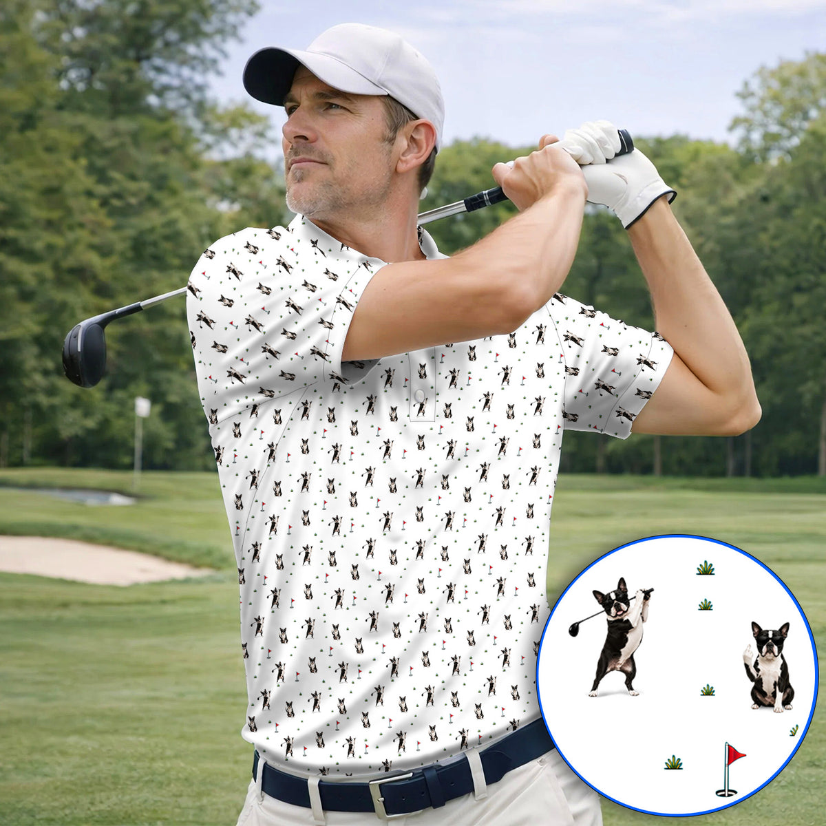 Boston Terrier Pattern Golf Shirt, Crazy Boston Terrier Golf Polos, Golf Gift For Golfer