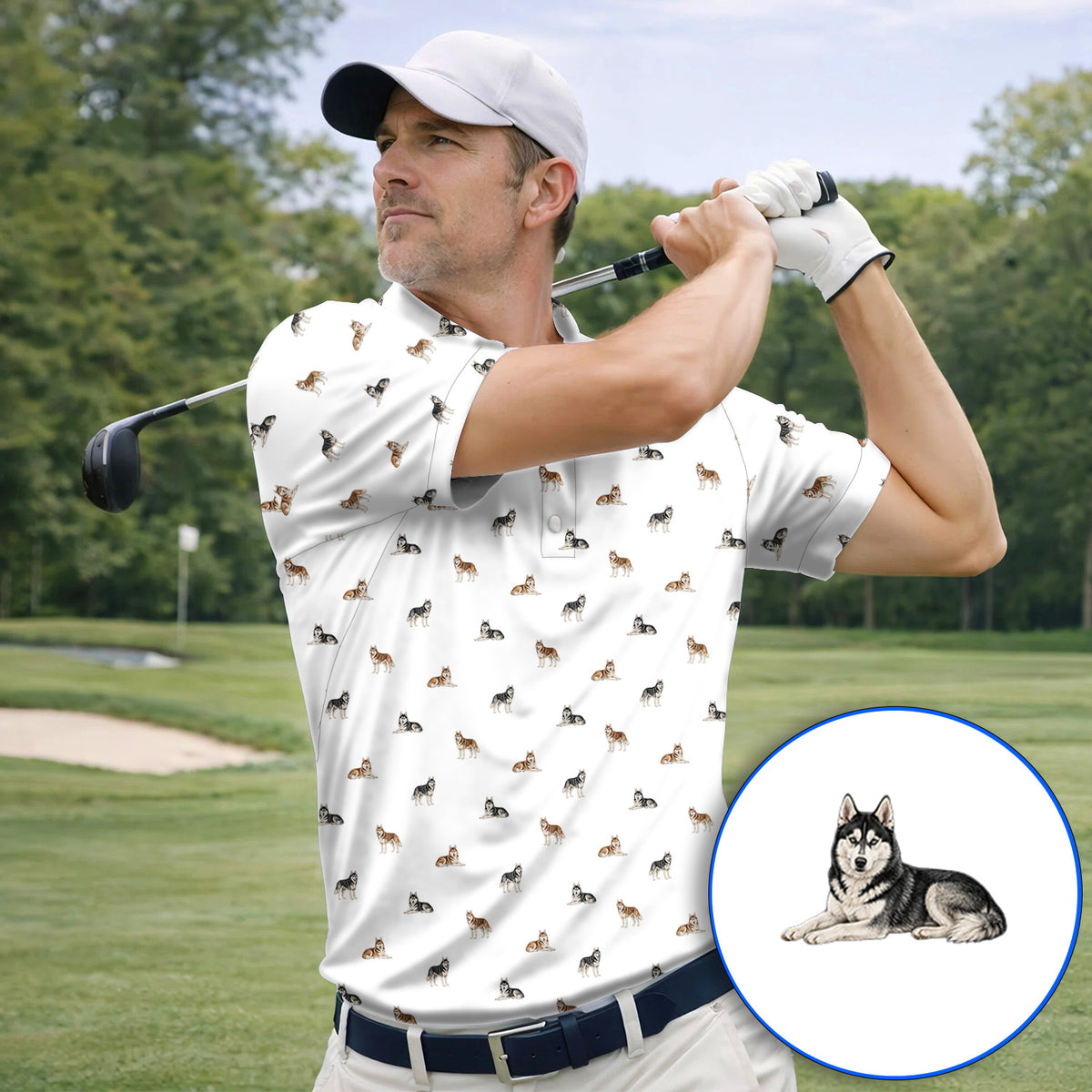 Funny Husky Sibir Golf Polos, Husky Pattern Golf Shirt For Golfer, Golf Gift For Dog Lover