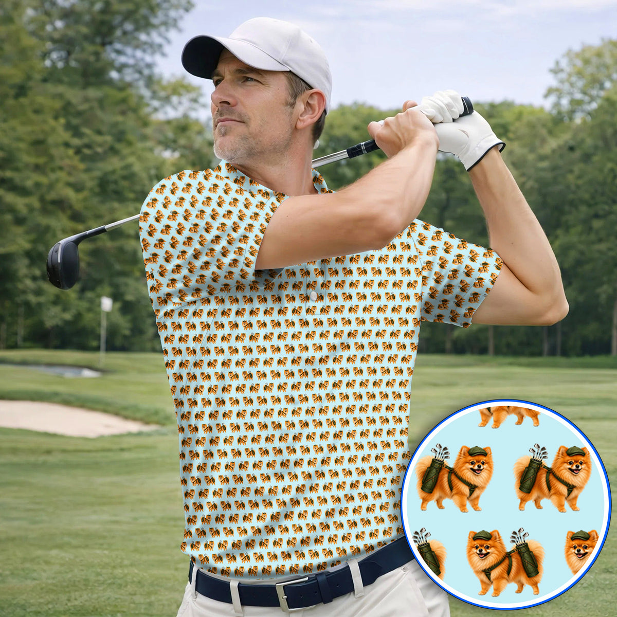 Golden Pomeranian Pattern Golf Polos, Cute Pomeranian Dog Golf Shirt, Funny Golf Gift For Golfer