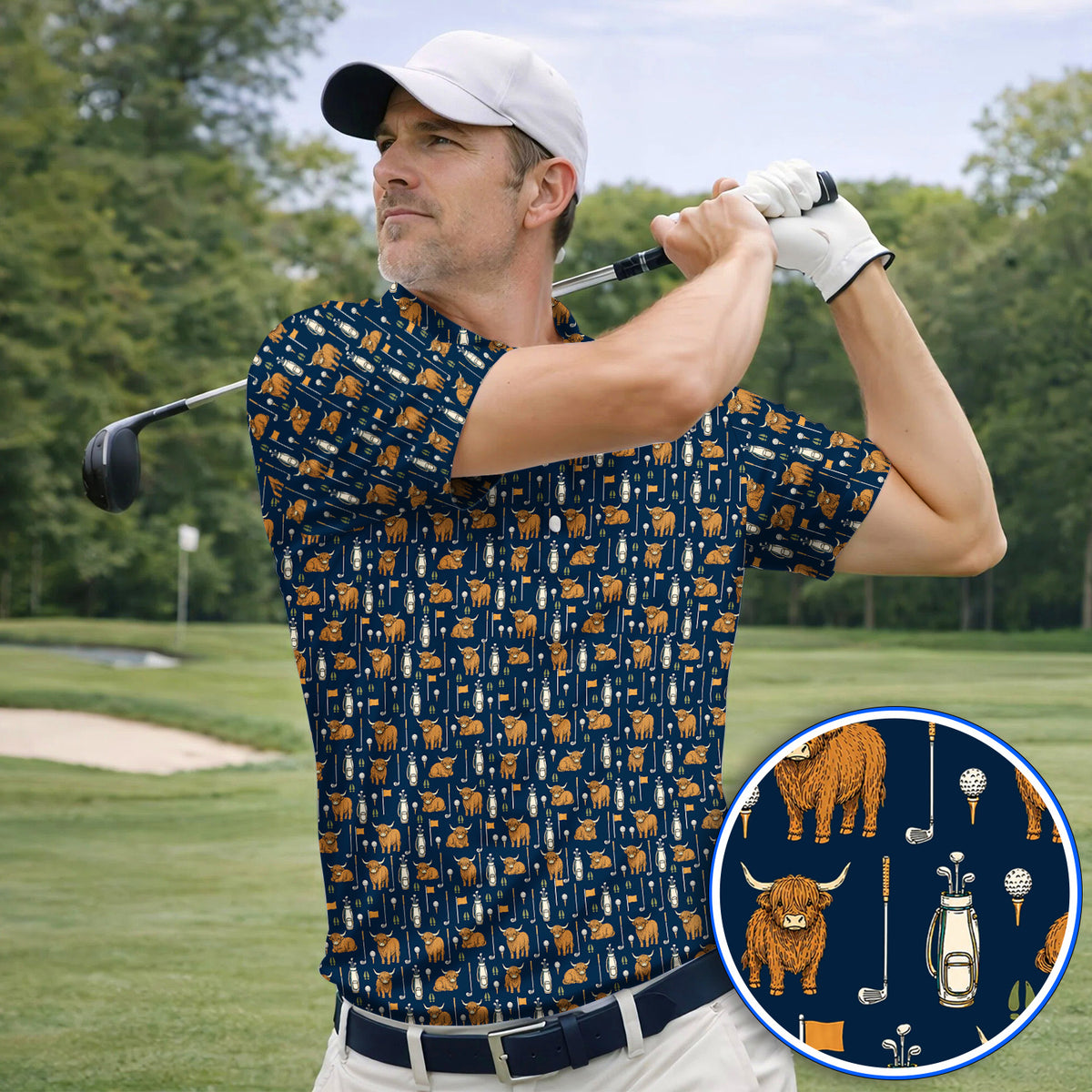 Highland Cow Fairway Polos, Highland Cow Golf Pattern Shirt, Golf Gift For Golfer