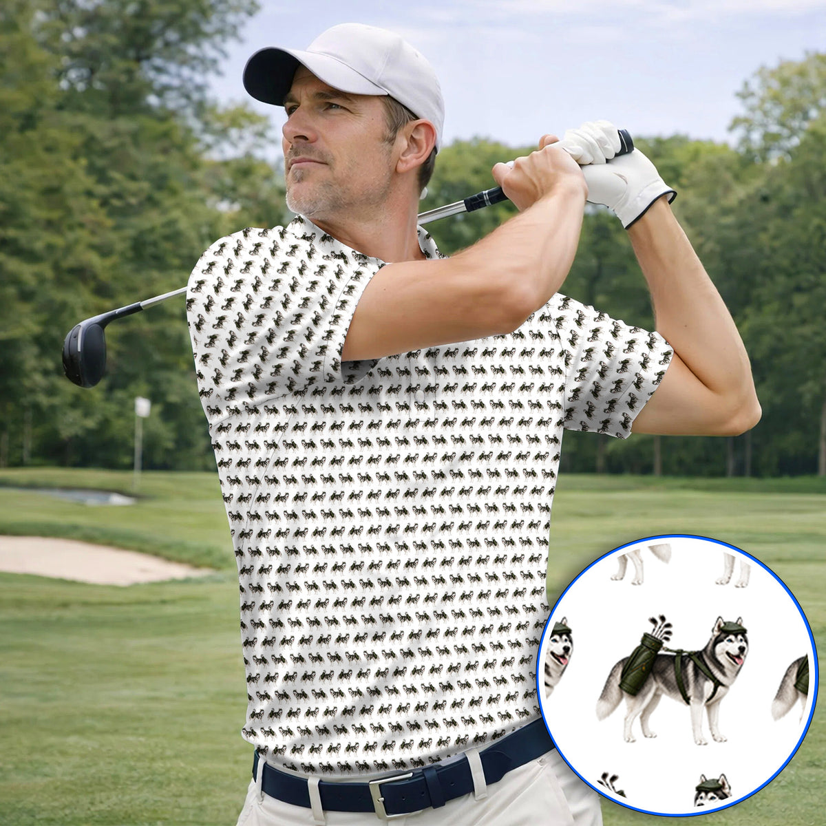 Husky Golf Polos, Husky Sibir Pattern Golf Shirt For Golfer, Funny Golf Gift For Dog Lover