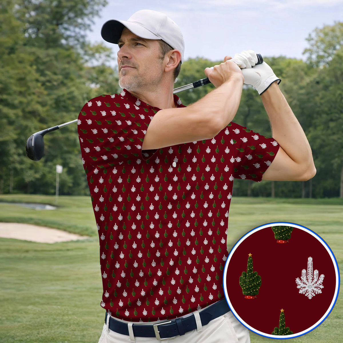 Christmas Tree Pattern Golf Polos, Xmas Golf Shirt, Funny Golf Gift For Golfer