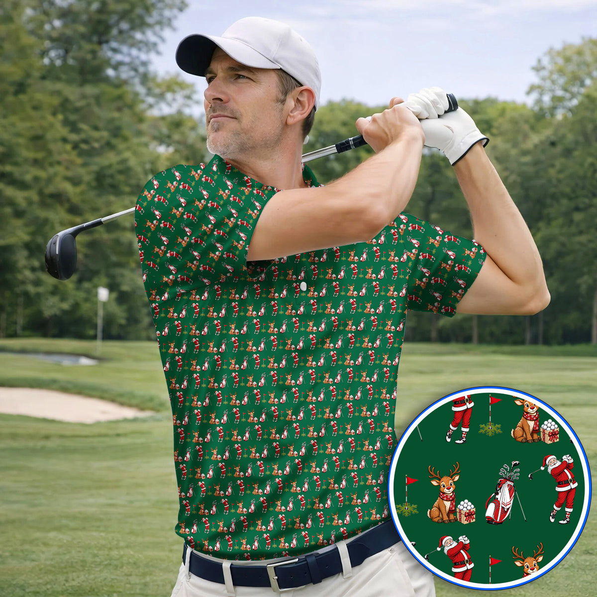 Christmas Golf Pattern Polos, Santa Reindeer Golf Shirt, Xmas Gift For Golfers