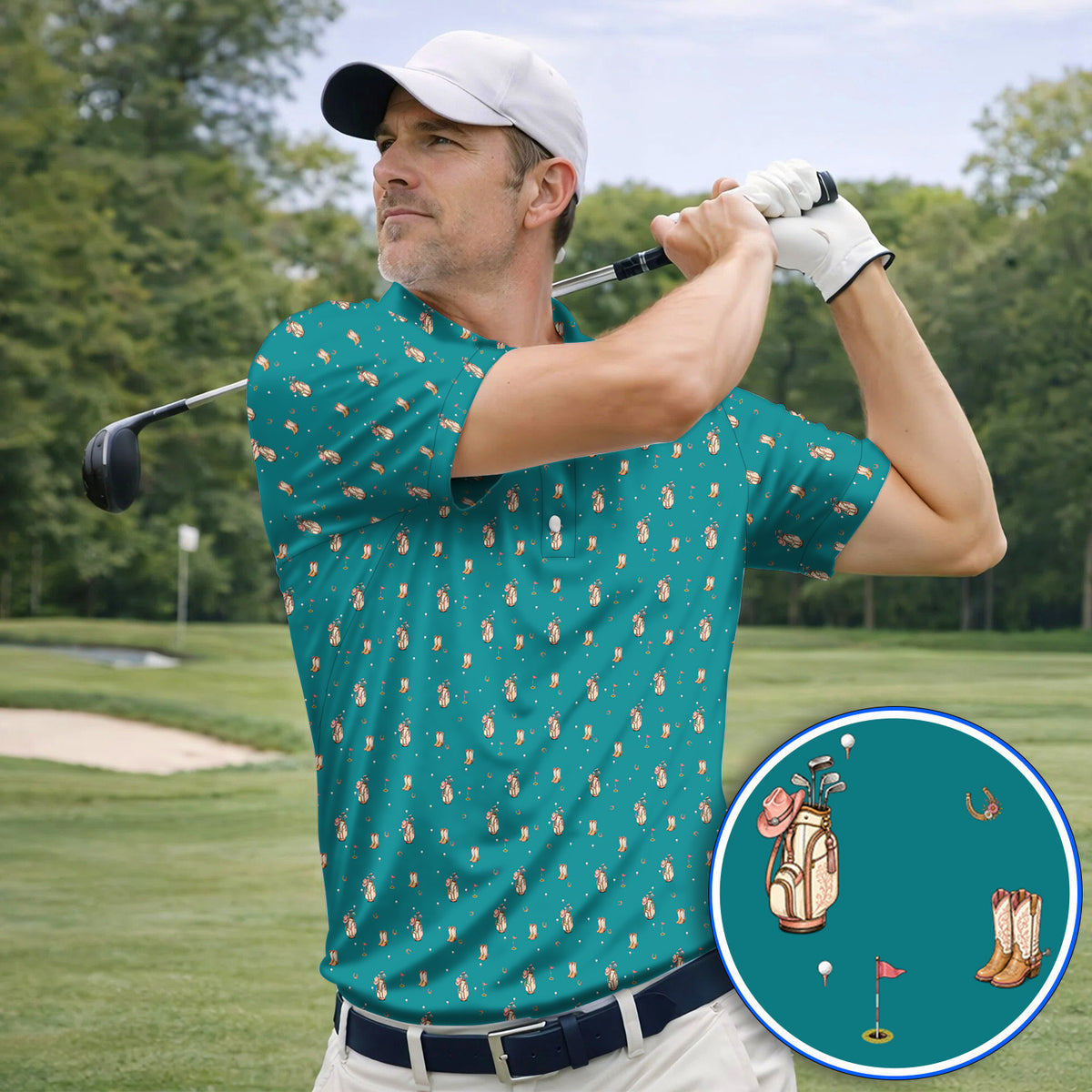 Crazy Cowgirl Golf Polos, Western Boots & Golf Bag Pattern Shirt, Golf Gift For Golfers