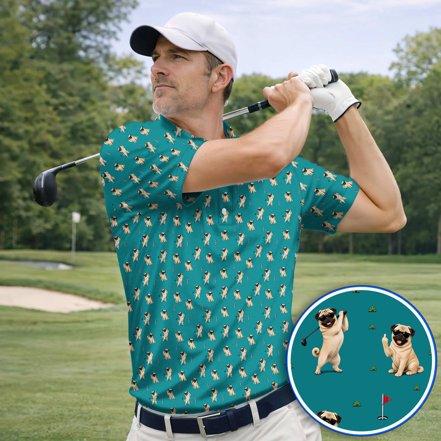 Pug Pattern Golf Shirt, Funny Pug Golf Polos, Crazy Golf Gift For Golfer