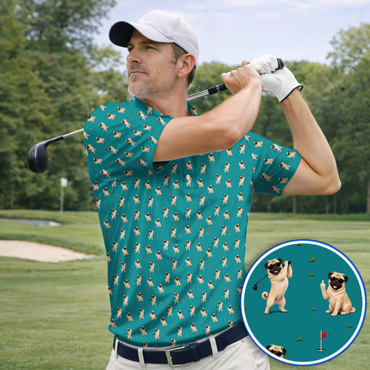 Pug Pattern Golf Shirt, Funny Pug Golf Polos, Crazy Golf Gift For Golfer