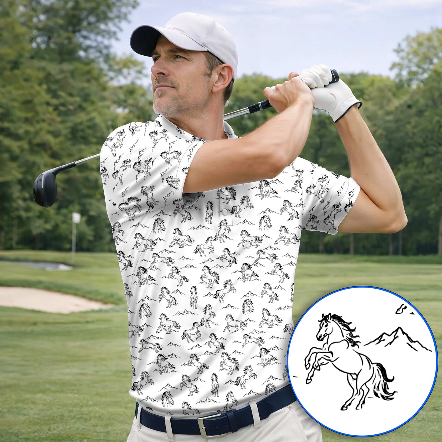 Crazy Horse Golf Pattern Shirt, American Quarter Horse Golf Polos, Western Horse Gift for Golfers