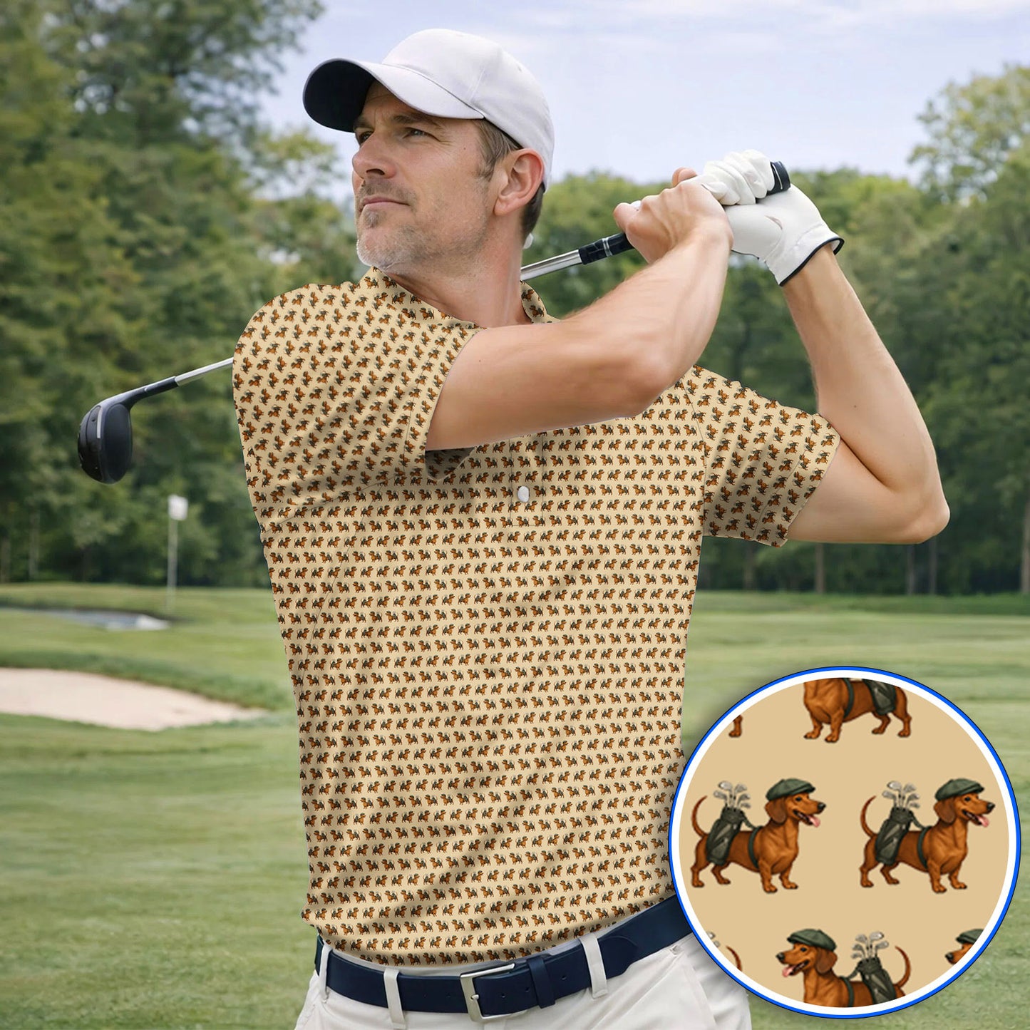 Funny Dachshund Pattern Golf Polos, Crazy Wiener Dog Golf Shirt For Men, Golf Shirt For Golfer