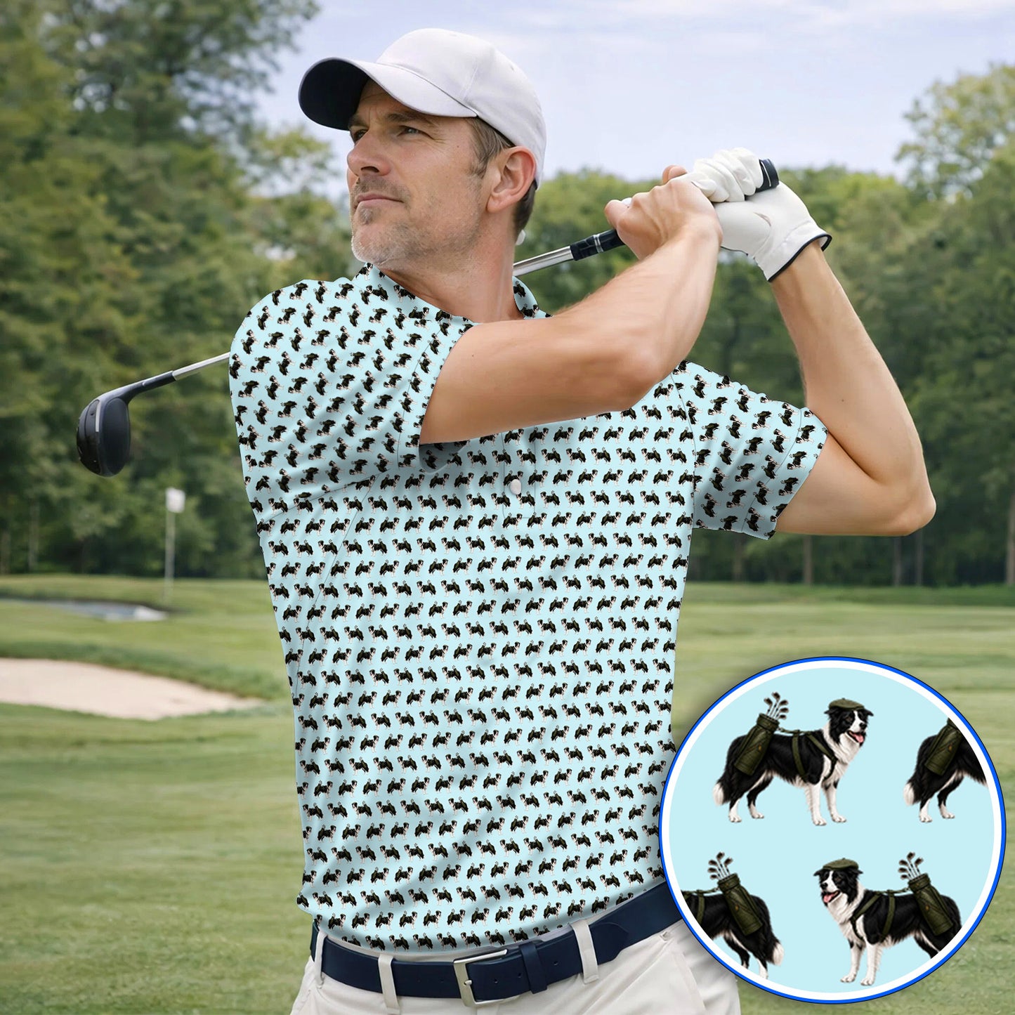 Funny Border Collie Golf Polos, Border Collie Pattern Golf Shirt for Golfer, Dog Lovers Golf Gift