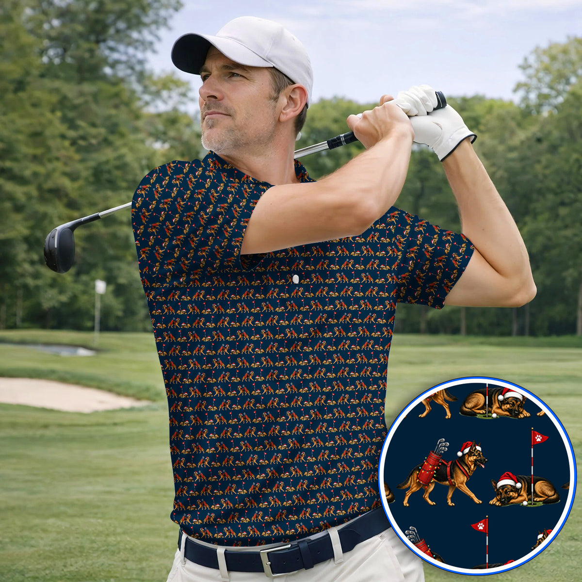 German Shepherd Christmas Golf Shirt, German Shepherd Pattern Golf Polos, Holiday Golf Gift for Dog Lovers
