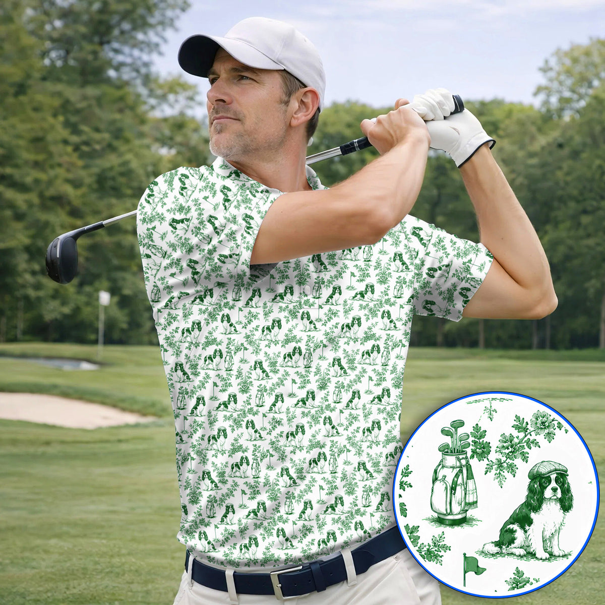 Funny Cavalier King Charles Spaniel Golf Polos, Toile de Jouy Cavalier Pattern Golf Shirt, Golf Gift For Golfer