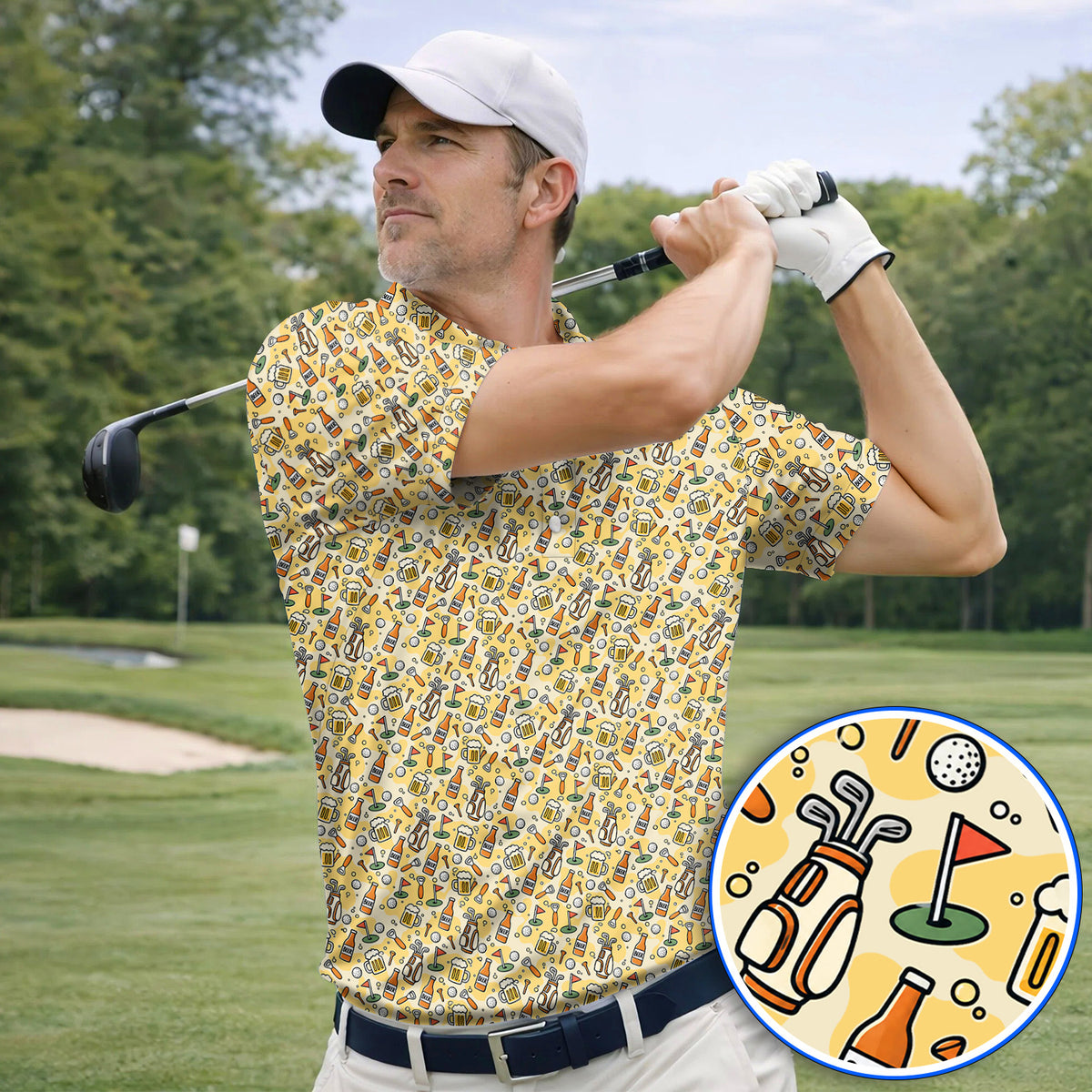 Funny Beer Pattern Golf Shirt, Retro Golf Clubs And Beer Golf Polos, Unique Golfing Gift For Golfers