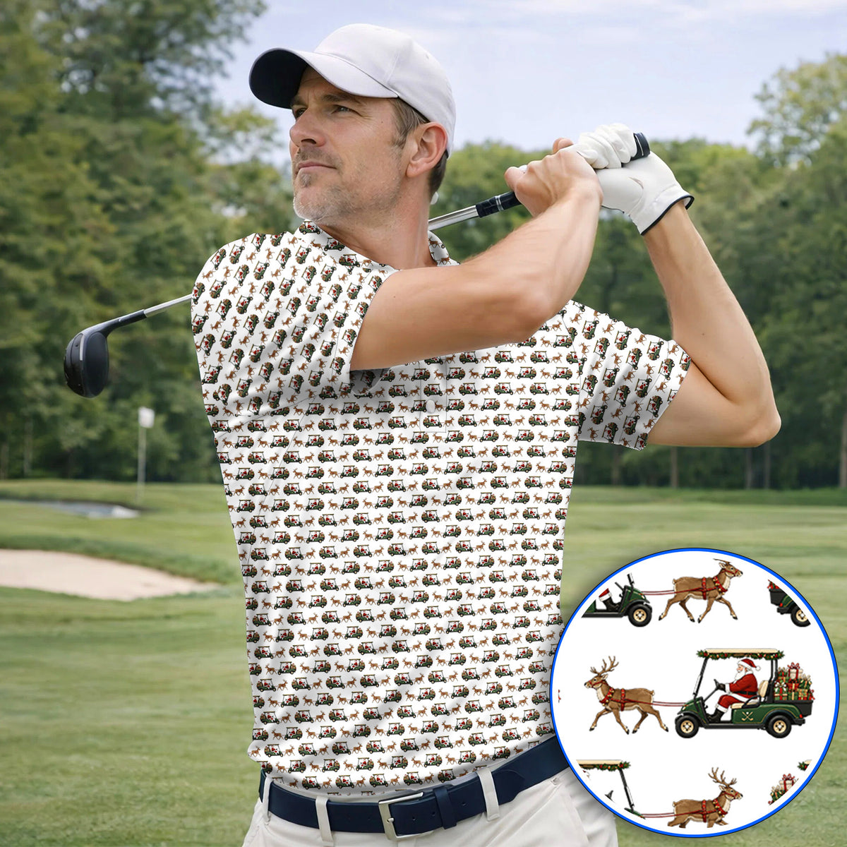 Santa Reindeer Golf Cart Polos, Xmas Pattern Golf Shirt, Crazy Christmas Golf Gift