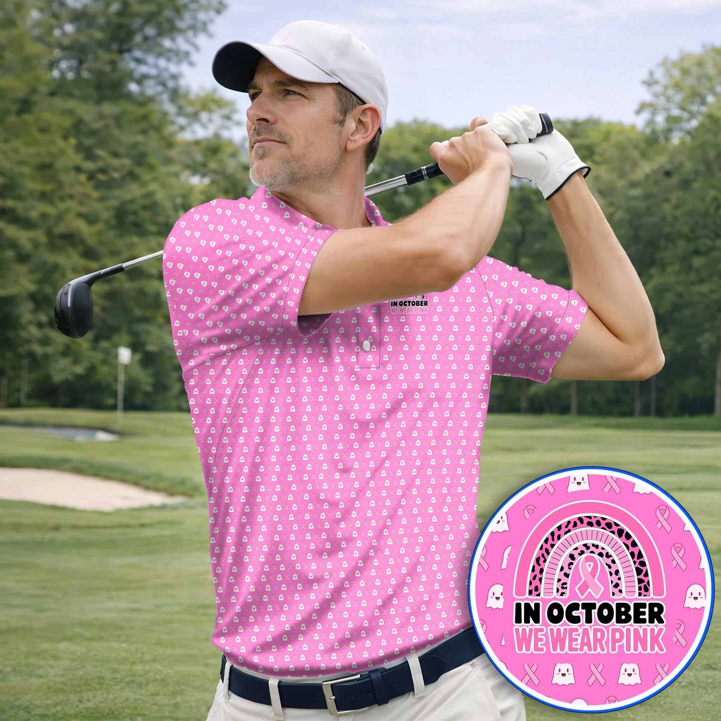 Breast Cancer Awareness Golf Polos, In October We Wear Pink Pattern Golf Shirt, Pink Ribbon Golf Gift for Breast Cancer Support