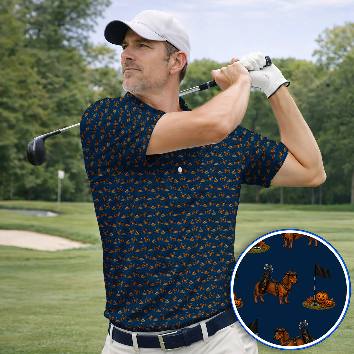 Funny Dachshund Golf Shirt, Halloween Wiener Dog Pattern Golf Polos, Golf Gift for Golfer