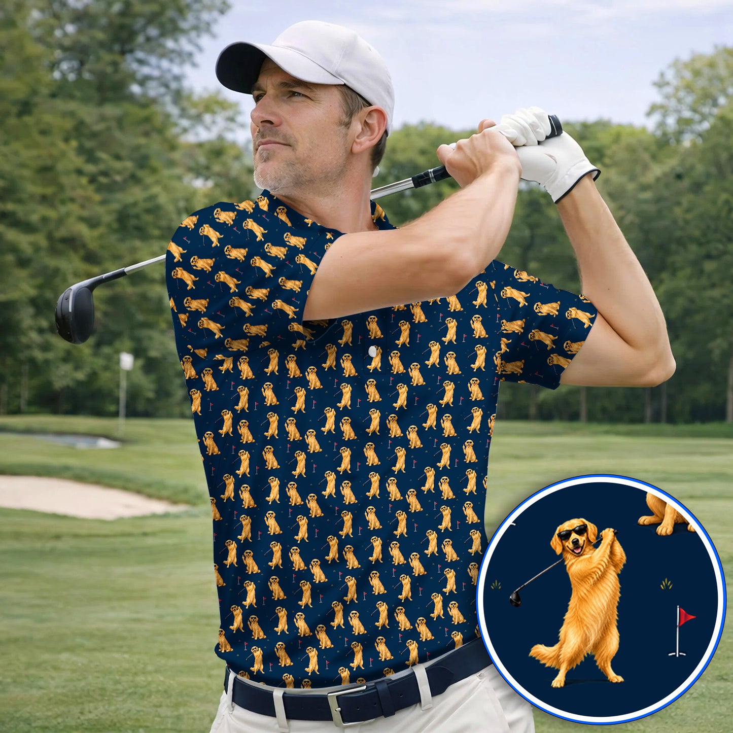 Golden Retriever Fairway Golf Shirt, Golf Dog Pattern Polos, Gift For Golden Retriever Owners