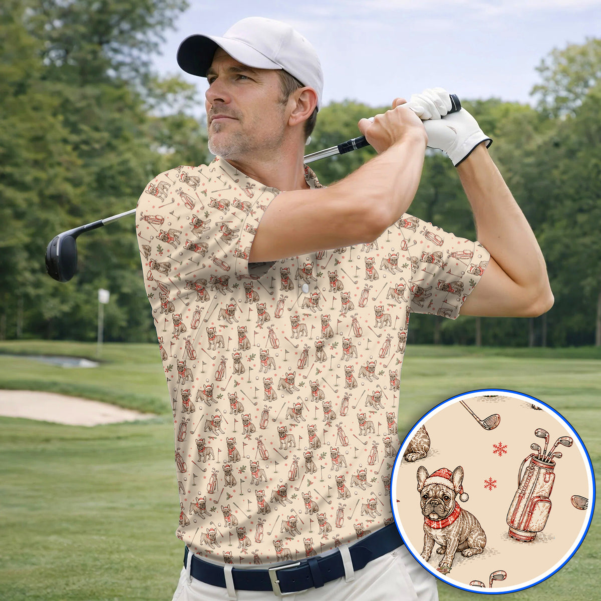 French Bulldog Christmas Golf Polos, Vintage Holiday Dog Pattern Golf Shirt, Xmas Golf Gift for Golfers