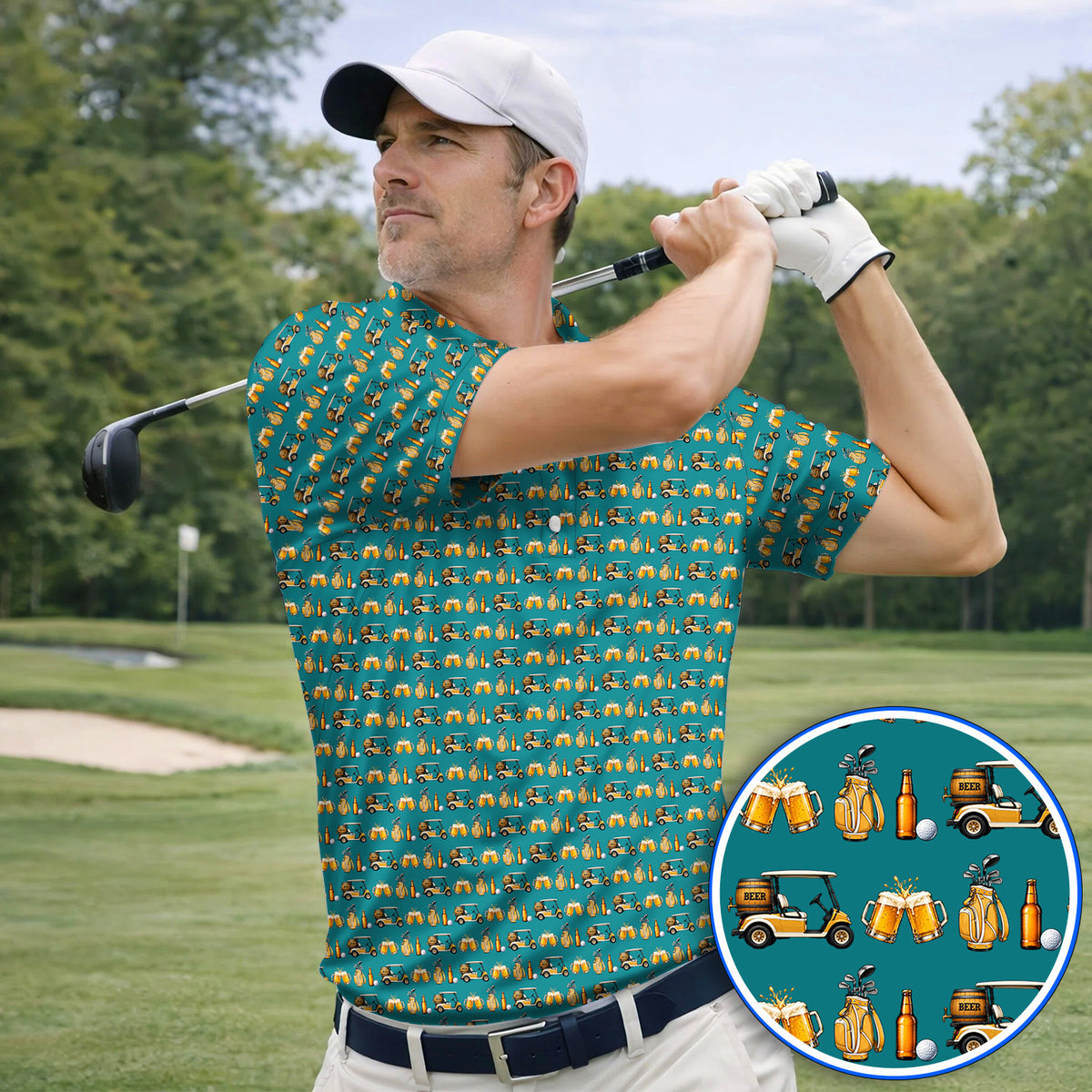 Golf & Beer Shirt, Funny Beer Golf Cart Pattern Golf Polos, Beer Golf Gift For Golfers