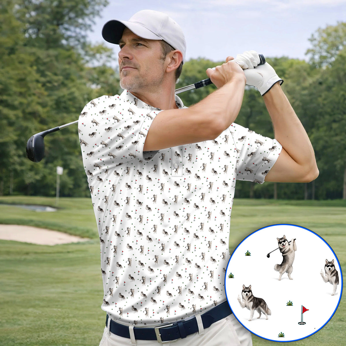 Husky Sibir Golf Polos, Husky Pattern Golf Shirt For Golfer, Funny Golf Gift For Dog Lover