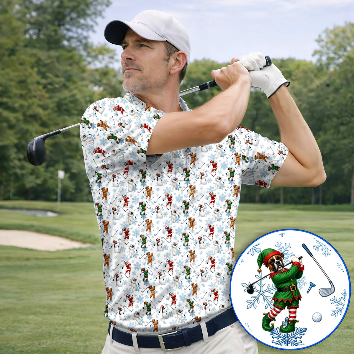 Boxer Christmas Pattern Golf Polos, Funny Holiday Boxer Golfer Shirt, Christmas Golf Gift for Dog Lovers