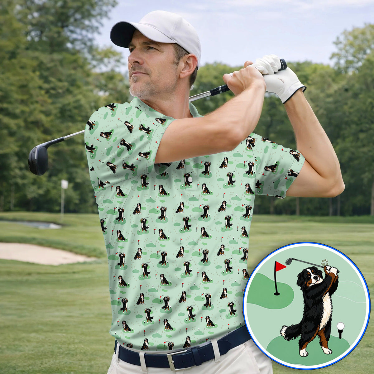 Bernese Mountain Pattern Golf Polos, Bernese Mountain Golf Shirt Fot Golfer, Funny Dog Golf Gift