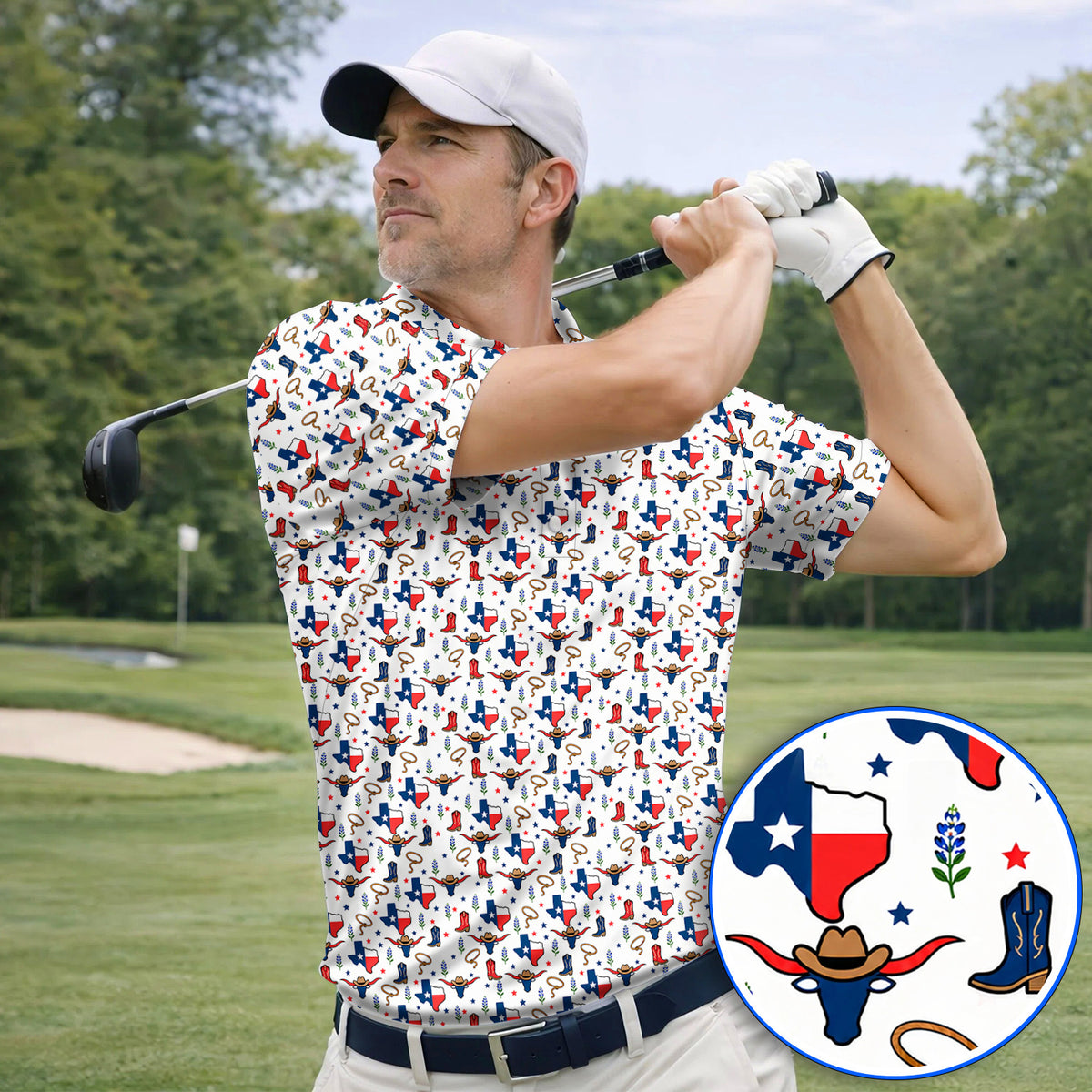 Texas Longhorn Golf Polos, Western Cowboy Texas Pattern Shirt, Funny Golf Gift For Golfer