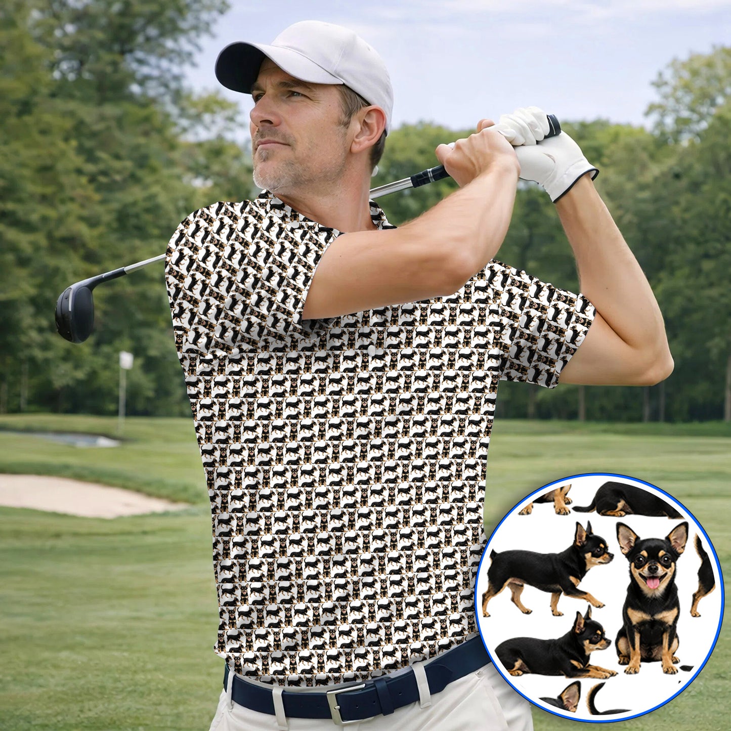 Funny Black Chihuahua Golf Shirt, Cute Chihuahua Golf Pattern Polos, Dog Lovers Golf Gift For Golfer