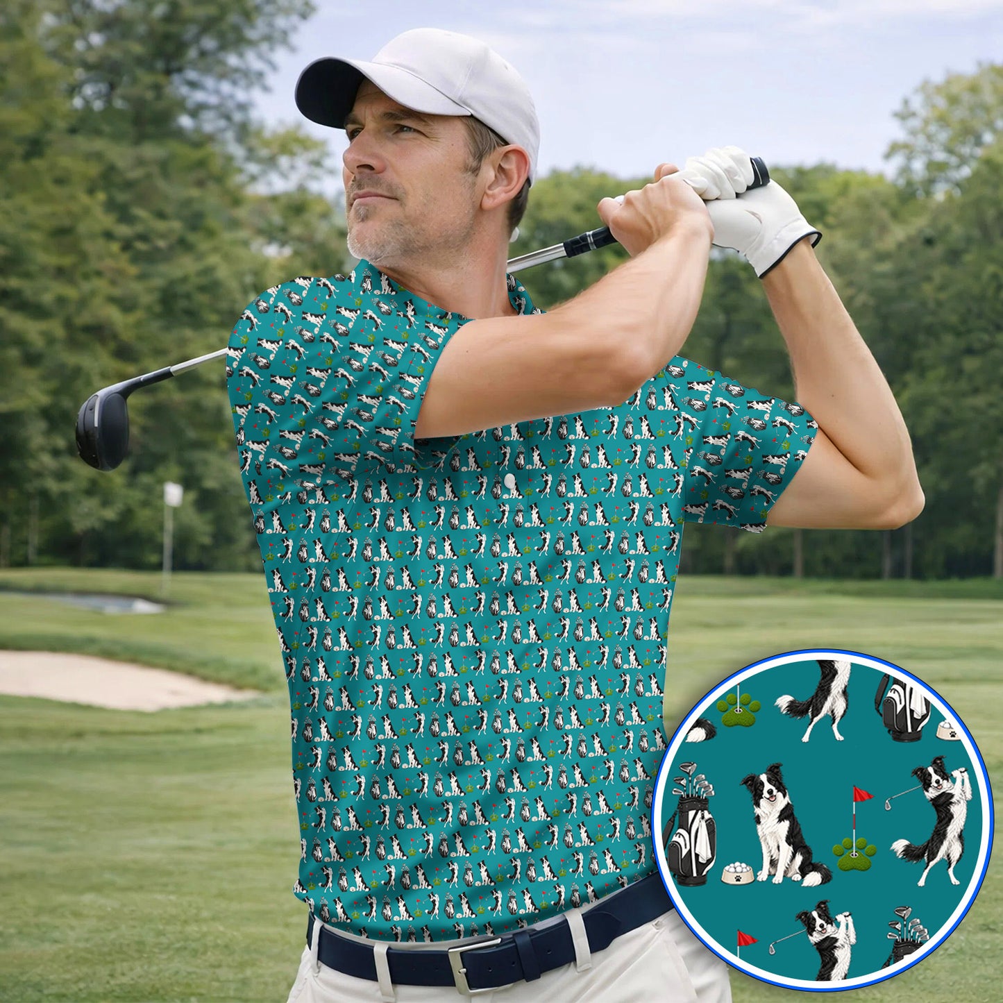 Border Collie Golf Polos, Border Collie Pattern Golf Shirt for Dog Lovers, Funny Golf Gift for Golfer