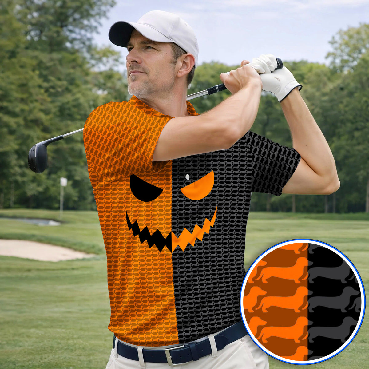 Halloween Dachshund Polos, Crazy Wiener Dog Pattern Golf Shirt, Golf Gifr For Golfer