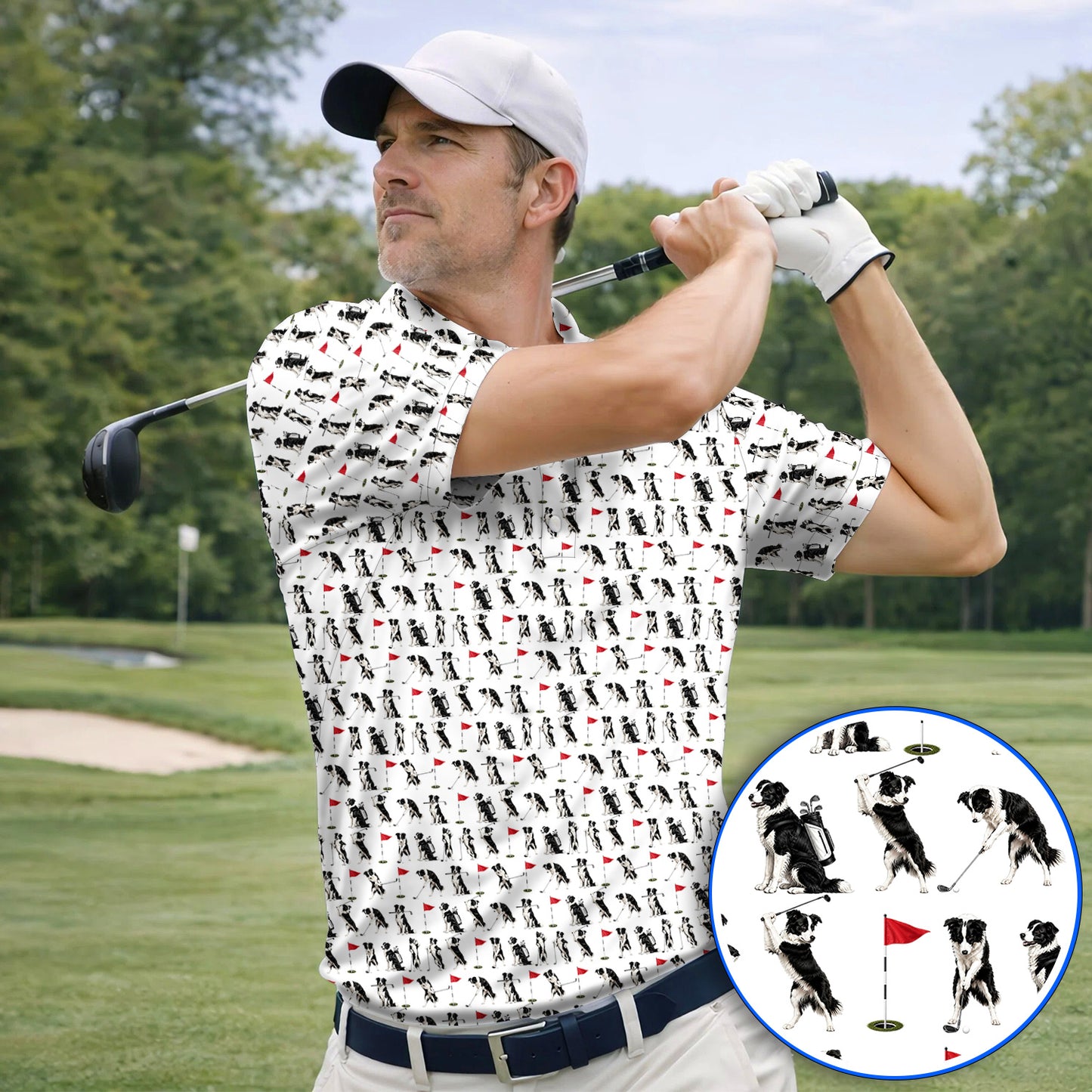 Border Collie Golf Polos, Border Collie Pattern Golf Shirt for Golfer, Funny Golf GIft For Golfer
