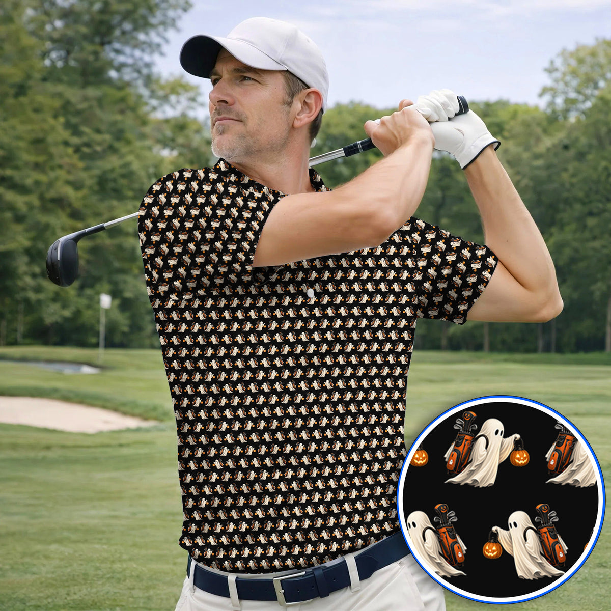 Halloween Golf Polos, Ghost Pattern Golf Shirt, Spooky Golf Gift for Golf Lovers