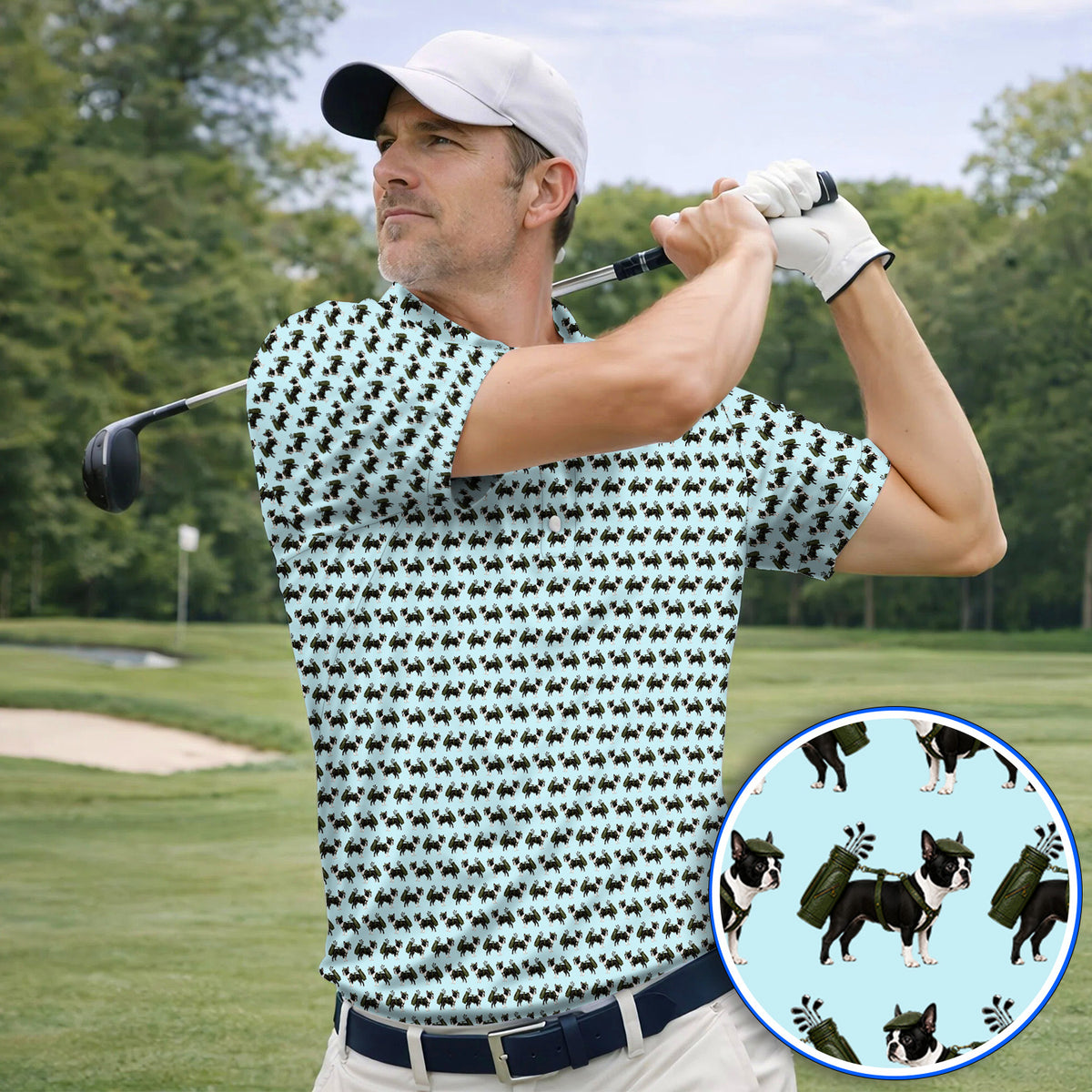 Crazy Boston Terrier Pattern Golf Shirt, Boston Terrier Golf Polos, Golf Gift For Golfer