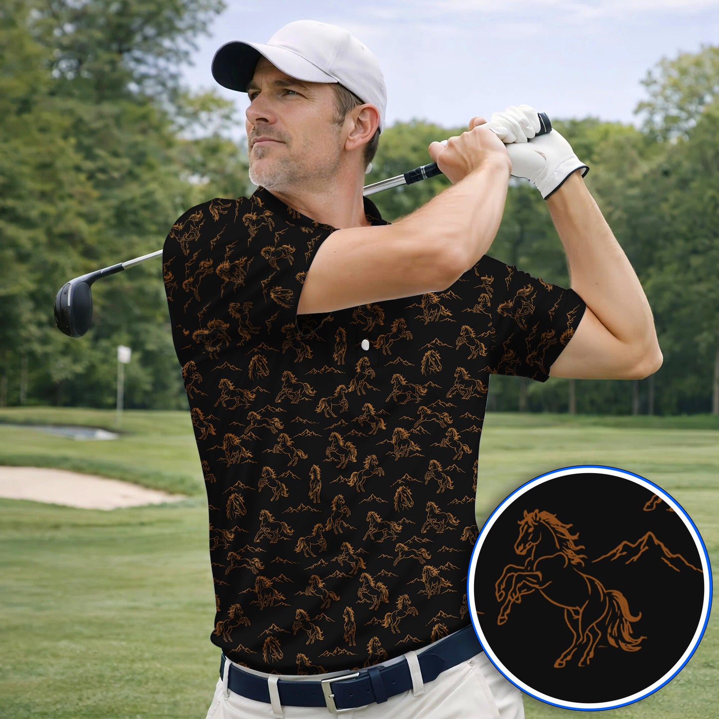 Crazy Horse Golf Pattern Shirt, American Quarter Horse Golf Polos, Western Horse Gift for Golfers