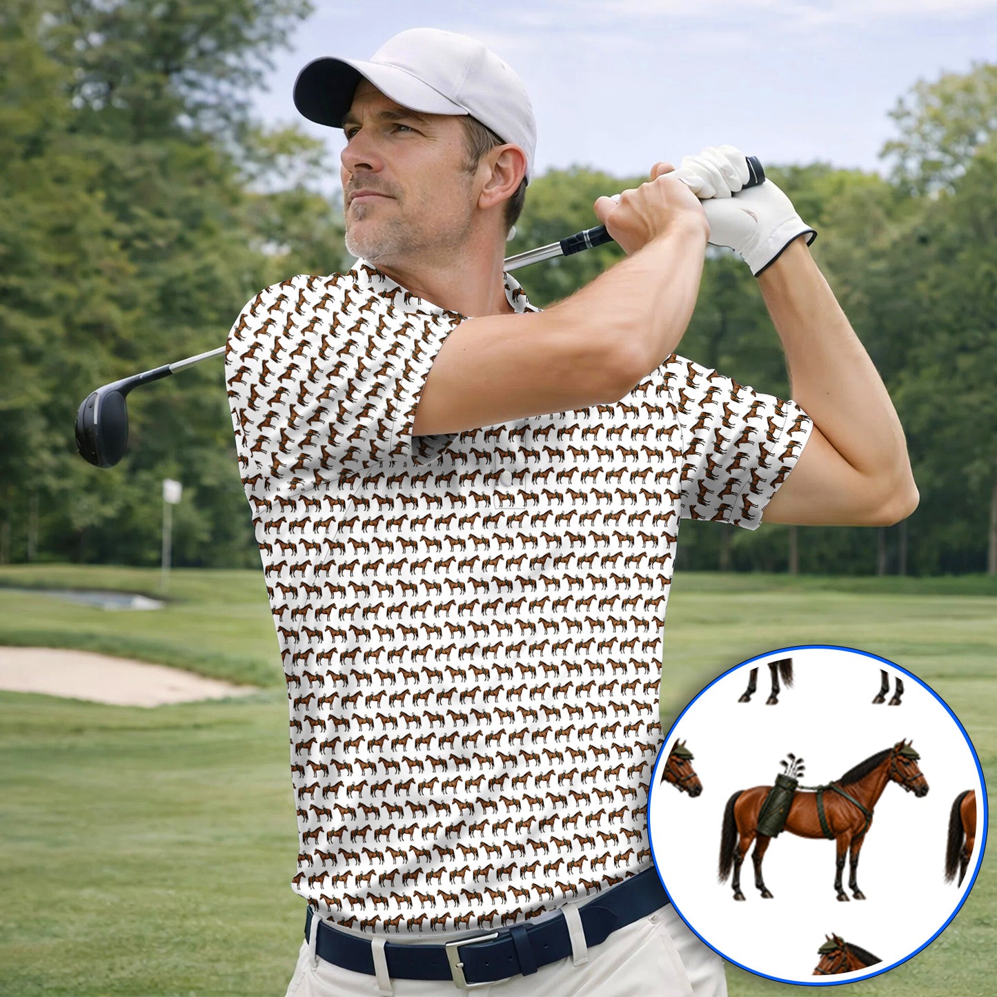 American Quarter Horse Golf Shirt, Crazy Horse Pattern Golf Polos, Western Horse Gift for Golfers