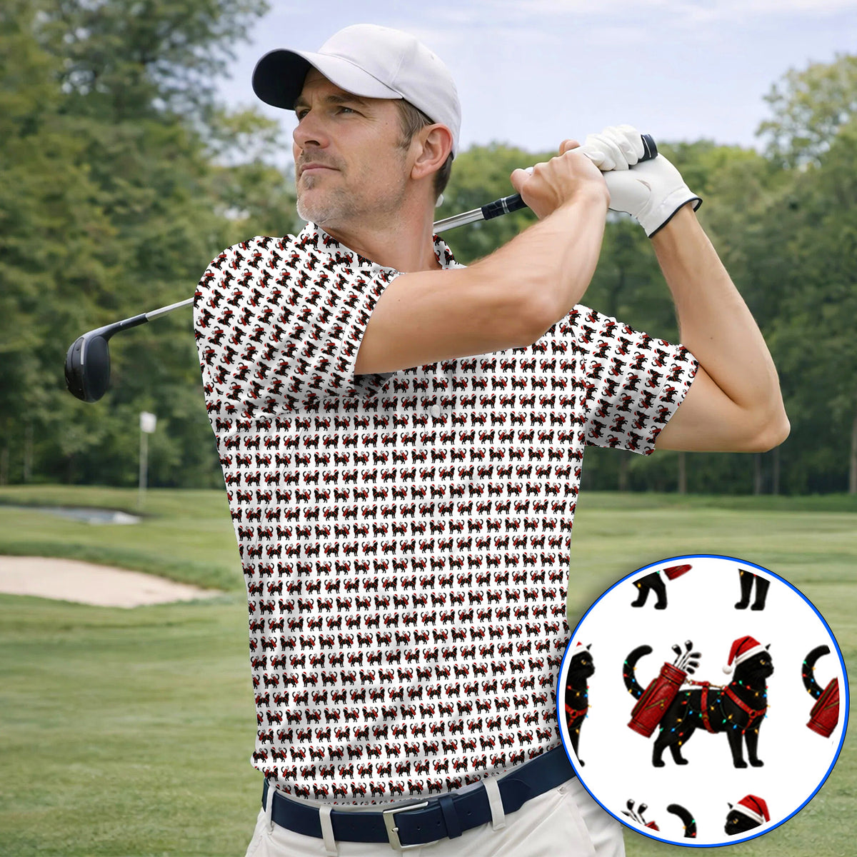 Black Cat Christmas Golf Shirt, Crazy Cats Golf Polos For Xmas Holiday, Golf Gift For Cat Loving Golfer