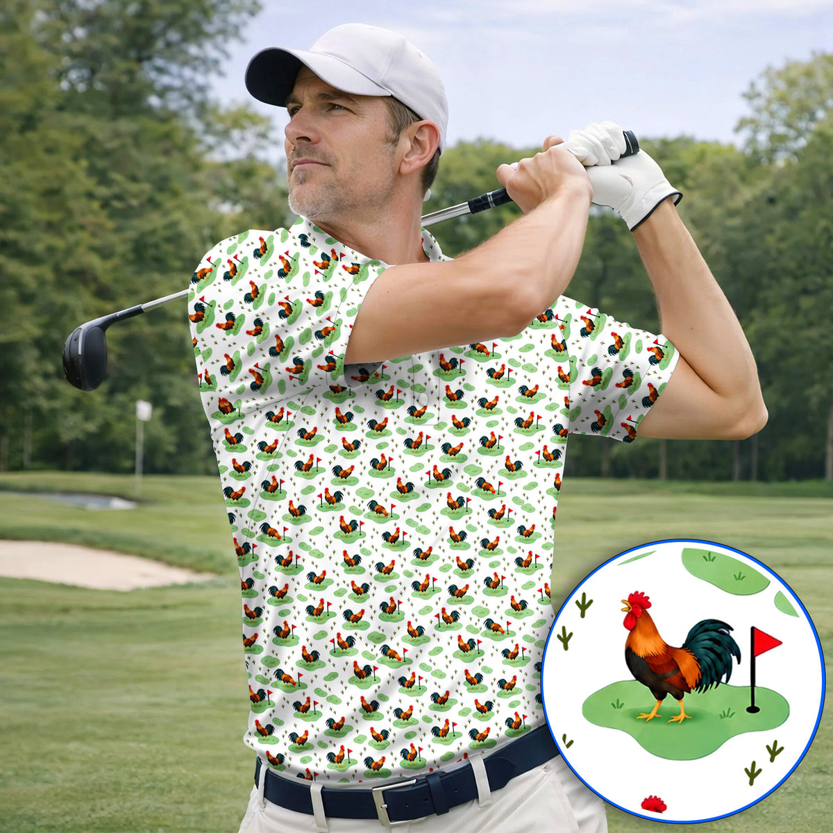 Crazy Rooster Golf Polos, Rooster Pattern Golf Shirt For Chicken Lovers, Golf Gift For Golfers