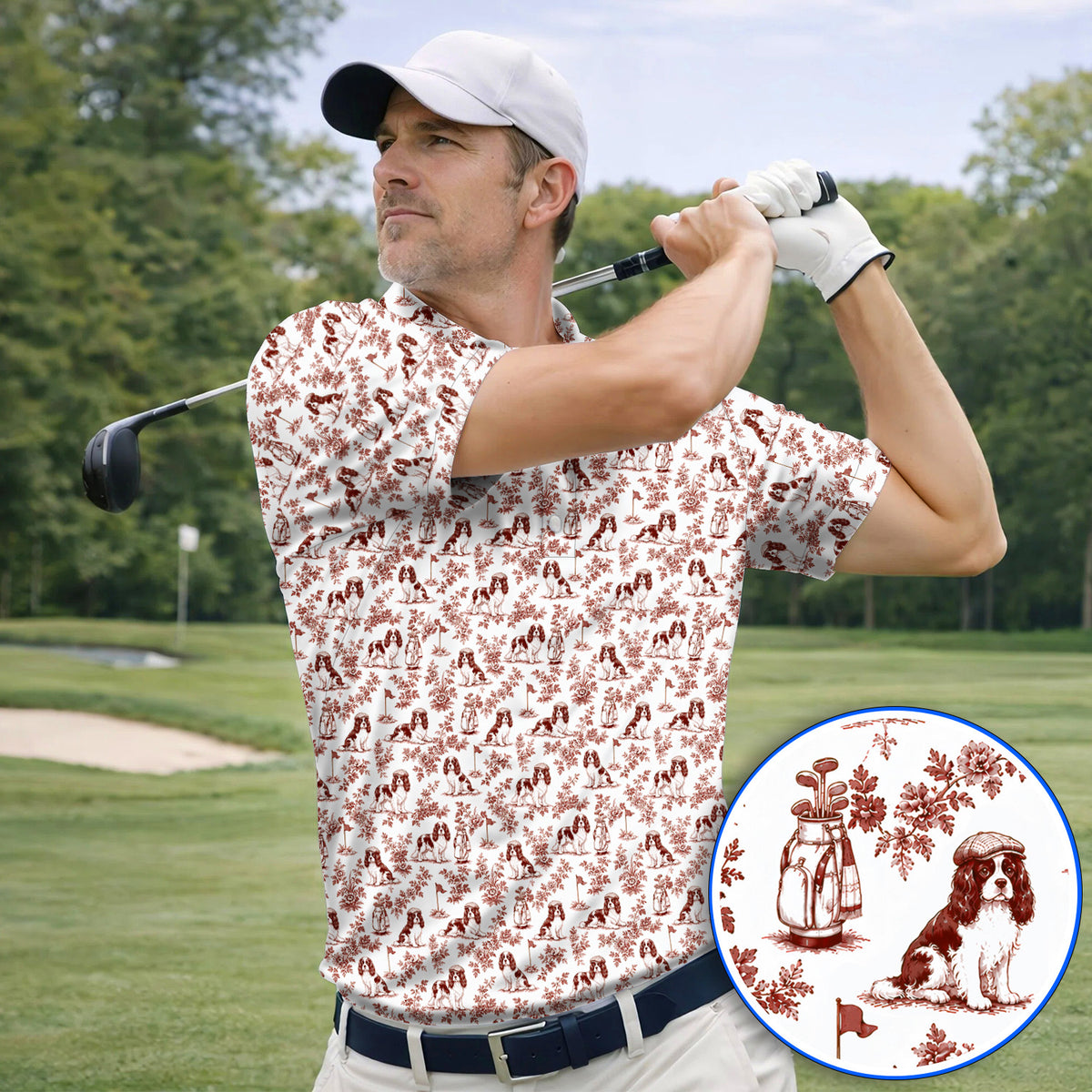 Funny Cavalier King Charles Spaniel Golf Polos, Toile de Jouy Cavalier Pattern Golf Shirt, Golf Gift For Golfer