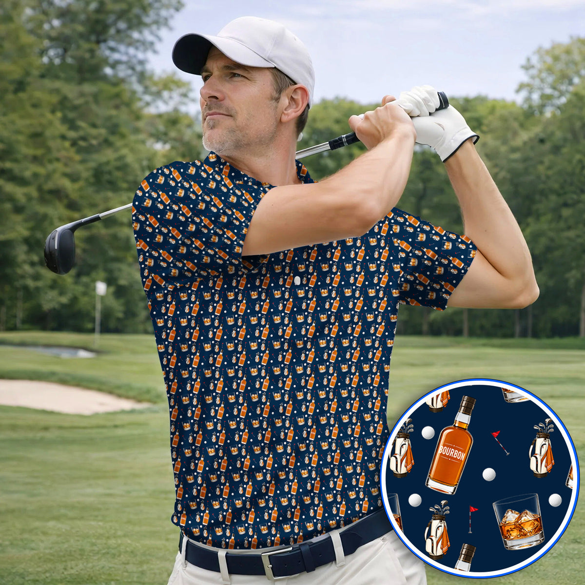 Bourbon Whiskey Golf Polos, Golf & Bourbon Pattern Shirt, Unique Gift For Whiskey Loving Golfers
