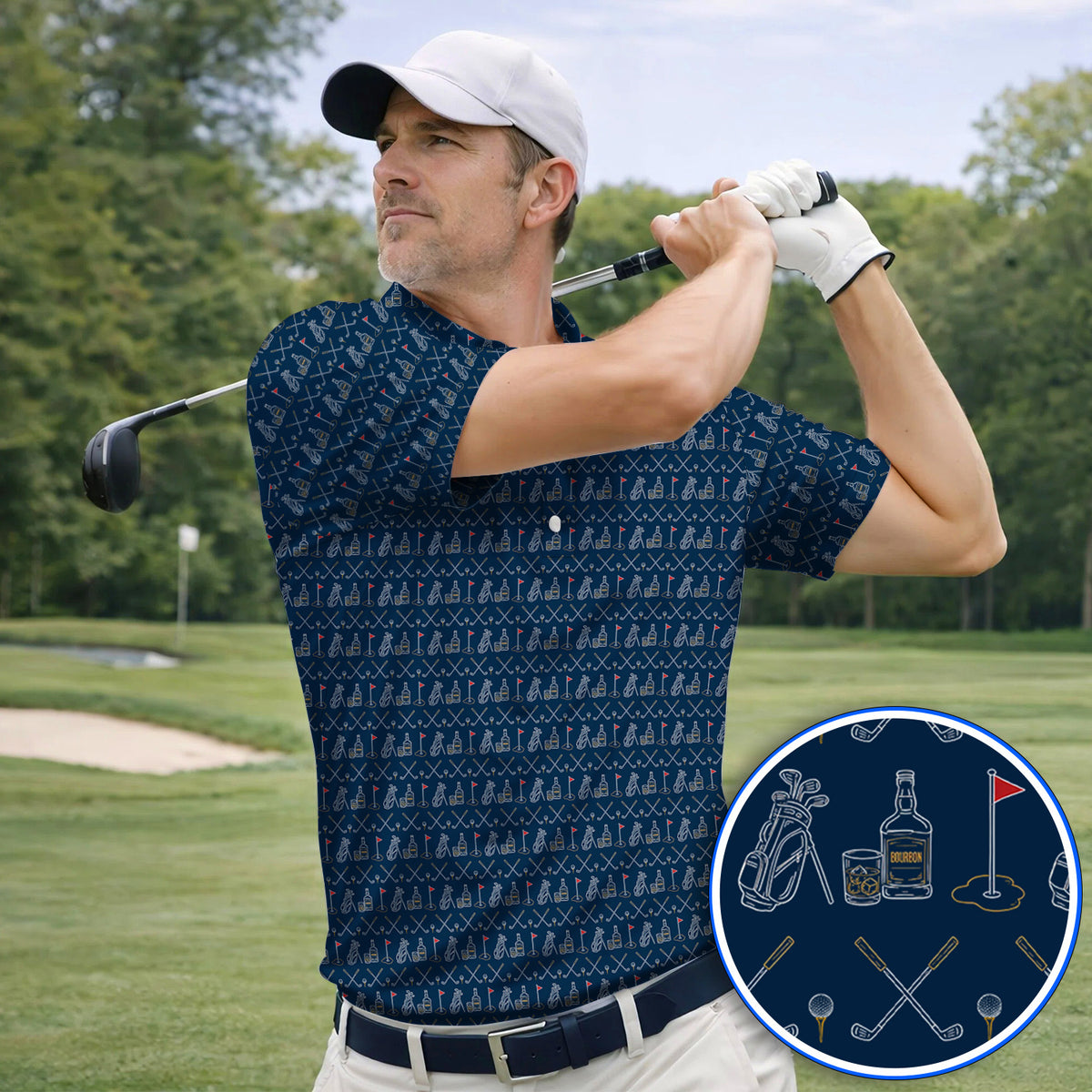 Bourbon Golf Shirt, Whiskey & Golf Club Pattern Polos, Classic Gift For Bourbon Loving Golfers