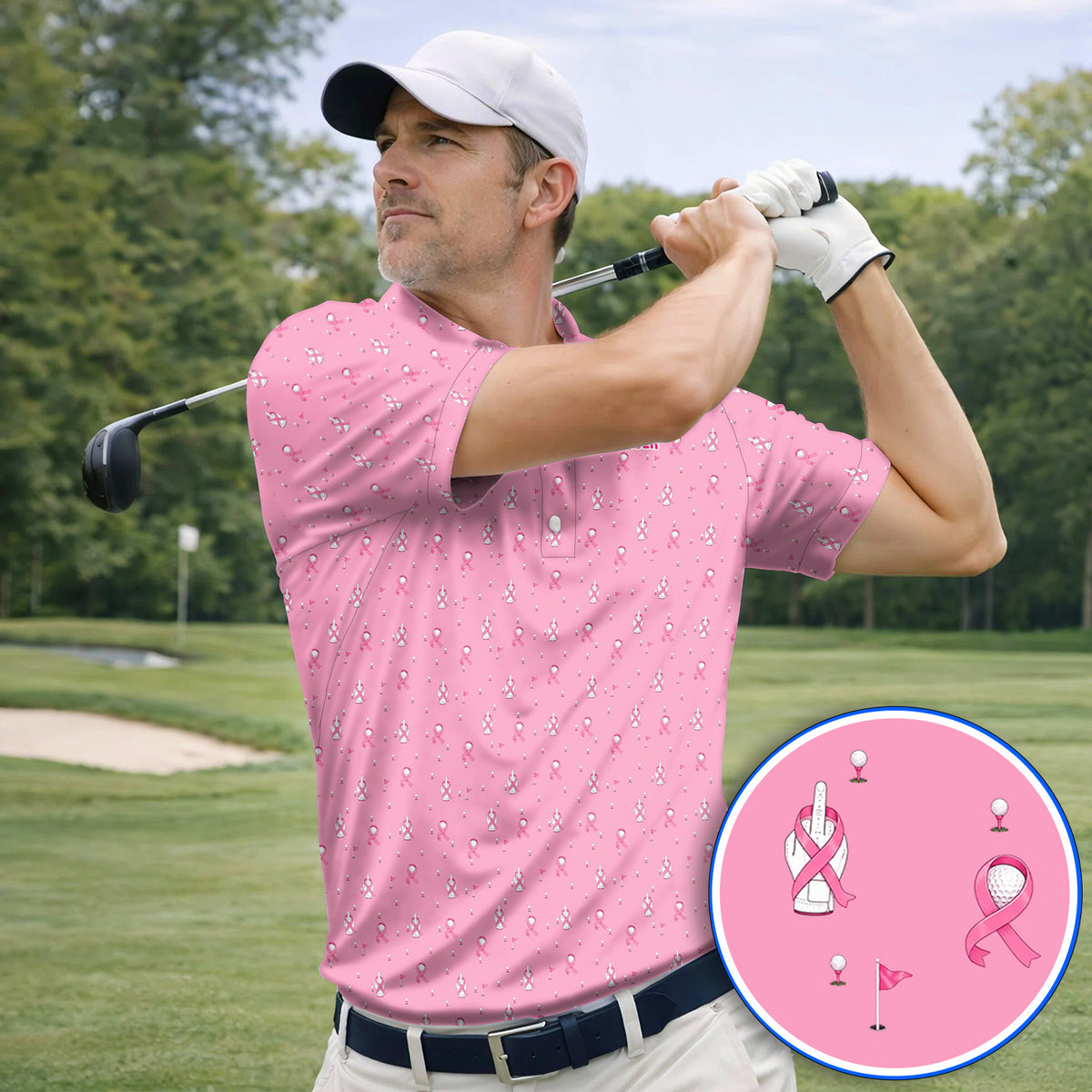 Pink Ribbon Golf Polos, Breast Cancer Awareness Pattern Golf Shirt, Supportive Golfer Gift for Golfer